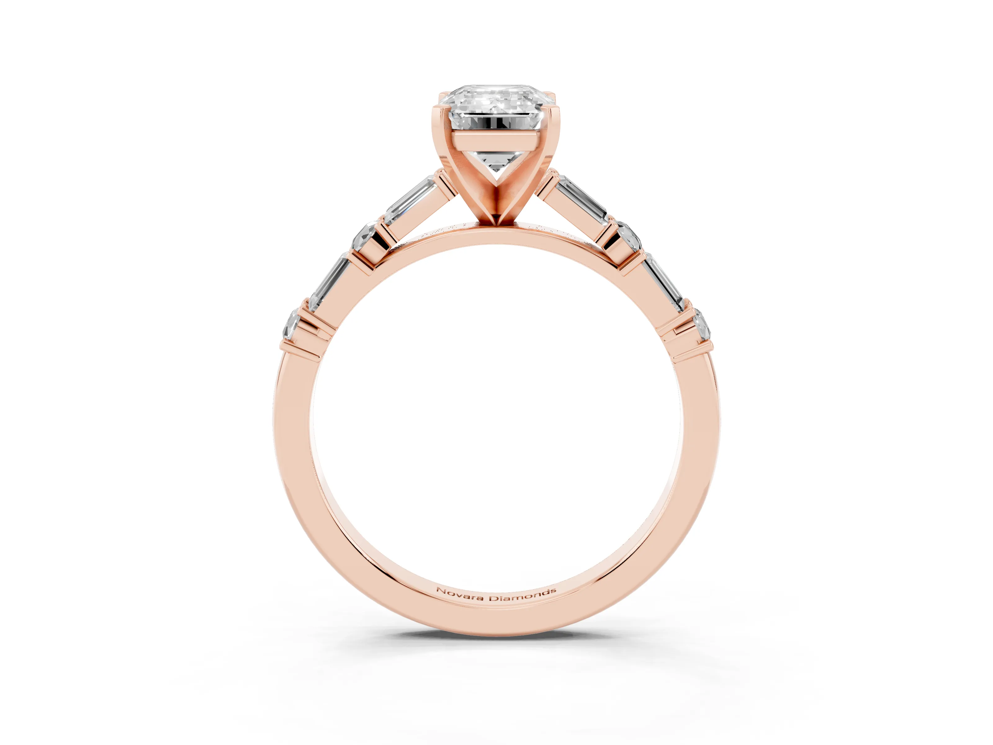 Emerald Cut Diamond Solitaire Set in Rose gold with Side Baguettes and Channel Set Band