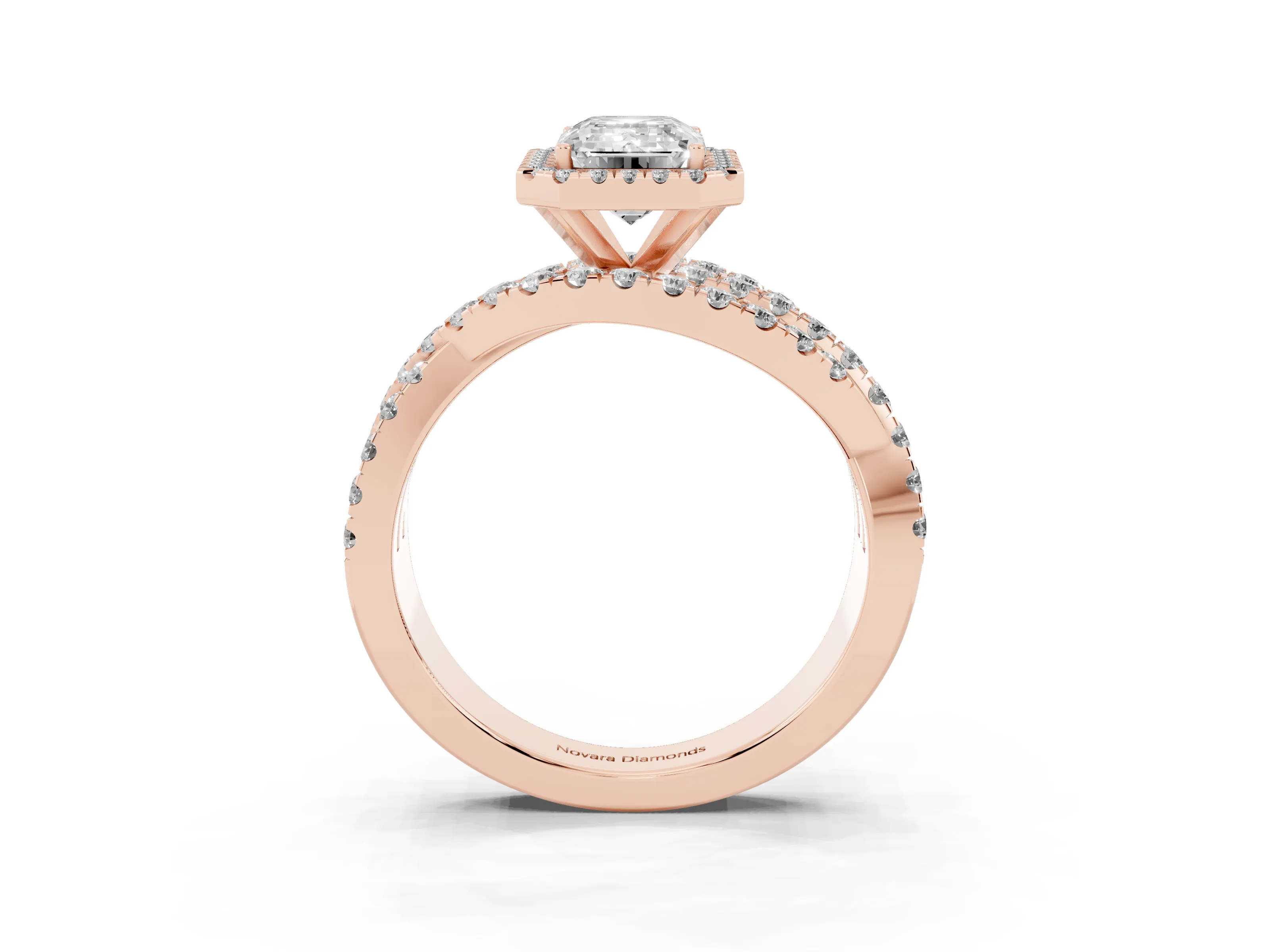 Emerald Cut Diamond Halo Ring Set in Rose gold with Round Crossover Split Shank and Prong Setting