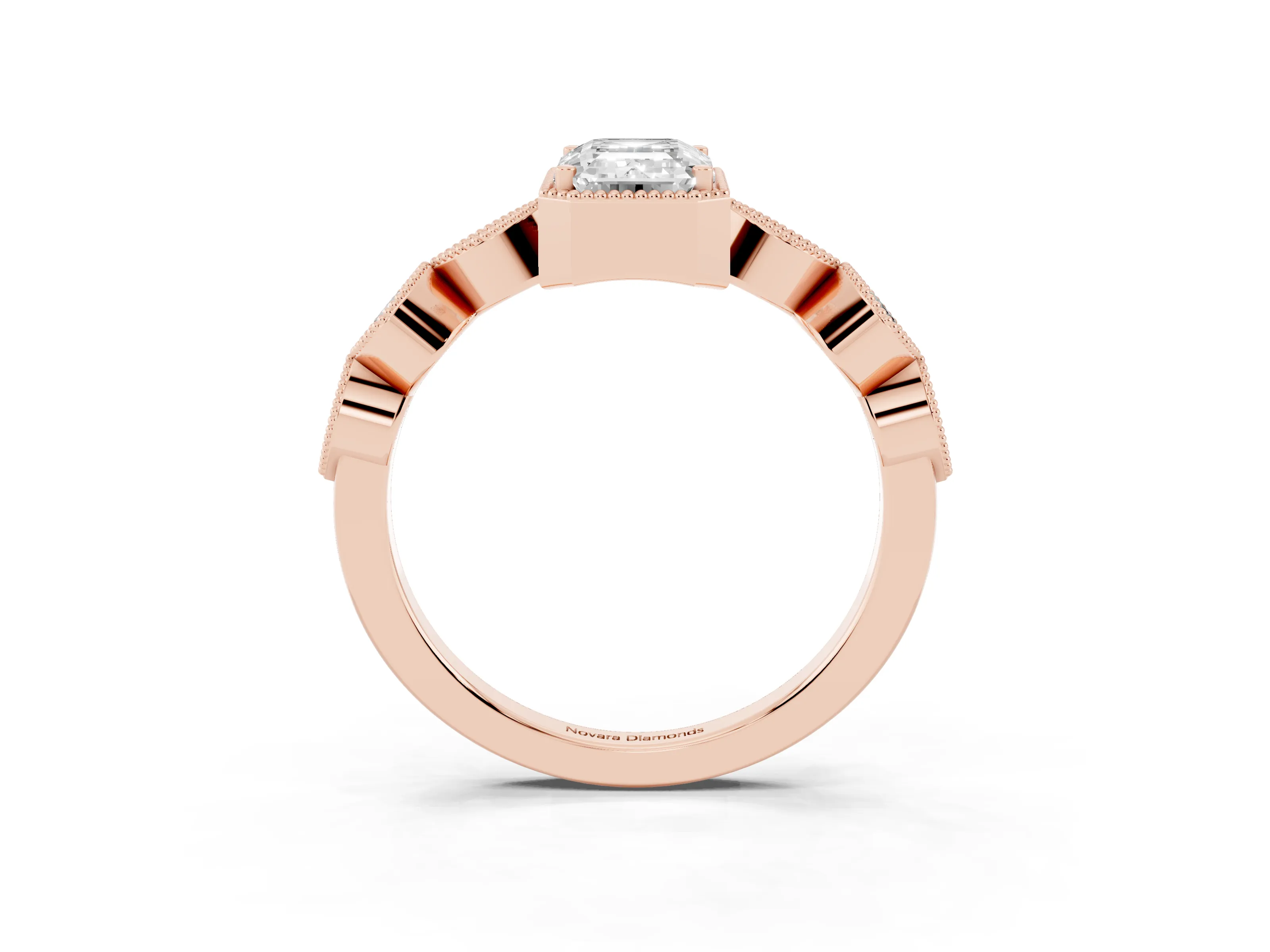 Emerald Cut Diamond Vintage-Inspired Milgrain Ring Set in Rose gold with Marquise Stations of Round Accents