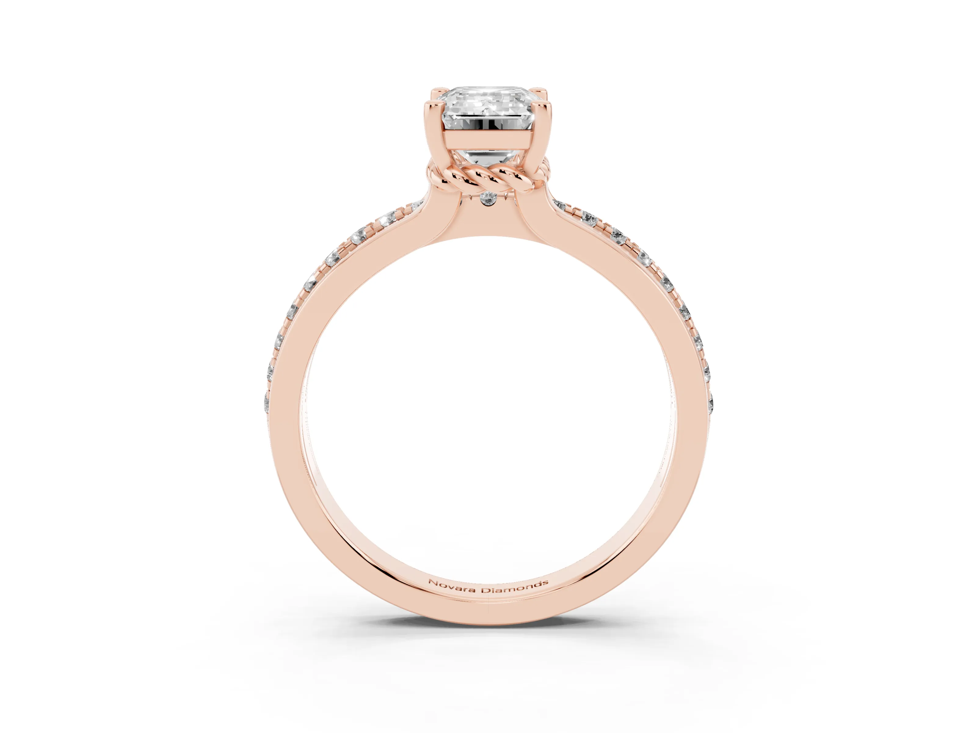 Emerald Cut Diamond Solitaire Ring Set in Rose gold with Channel Set Band and Prong Setting