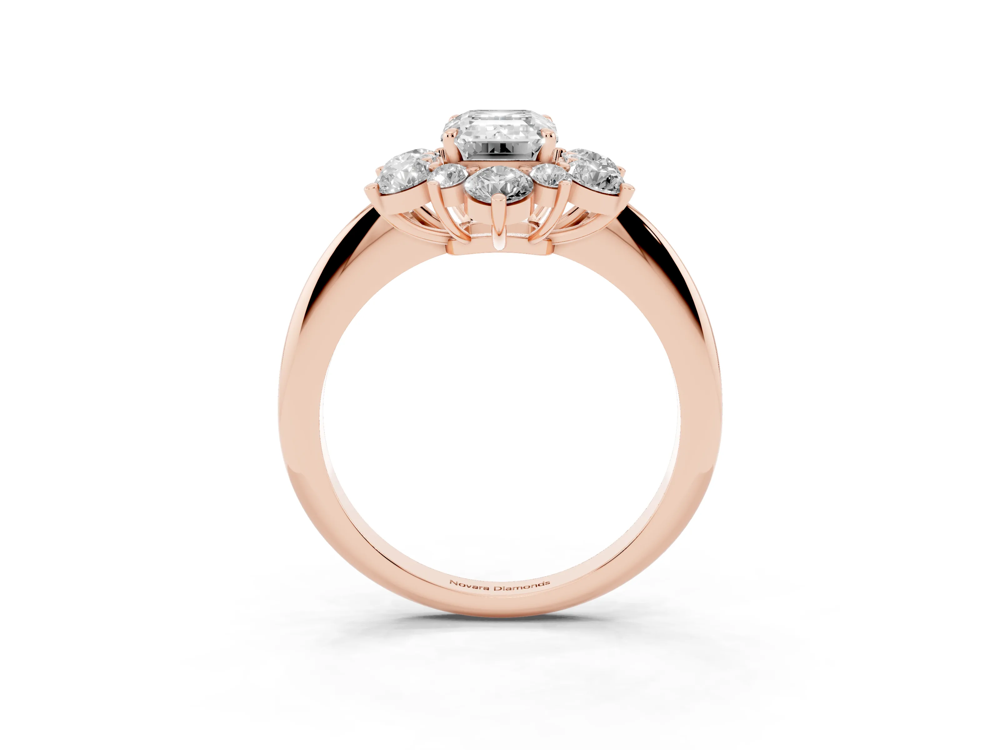 Emerald Cut Diamond Cluster Halo Ring Set in Rose gold with Solitaire Band and Prong Setting