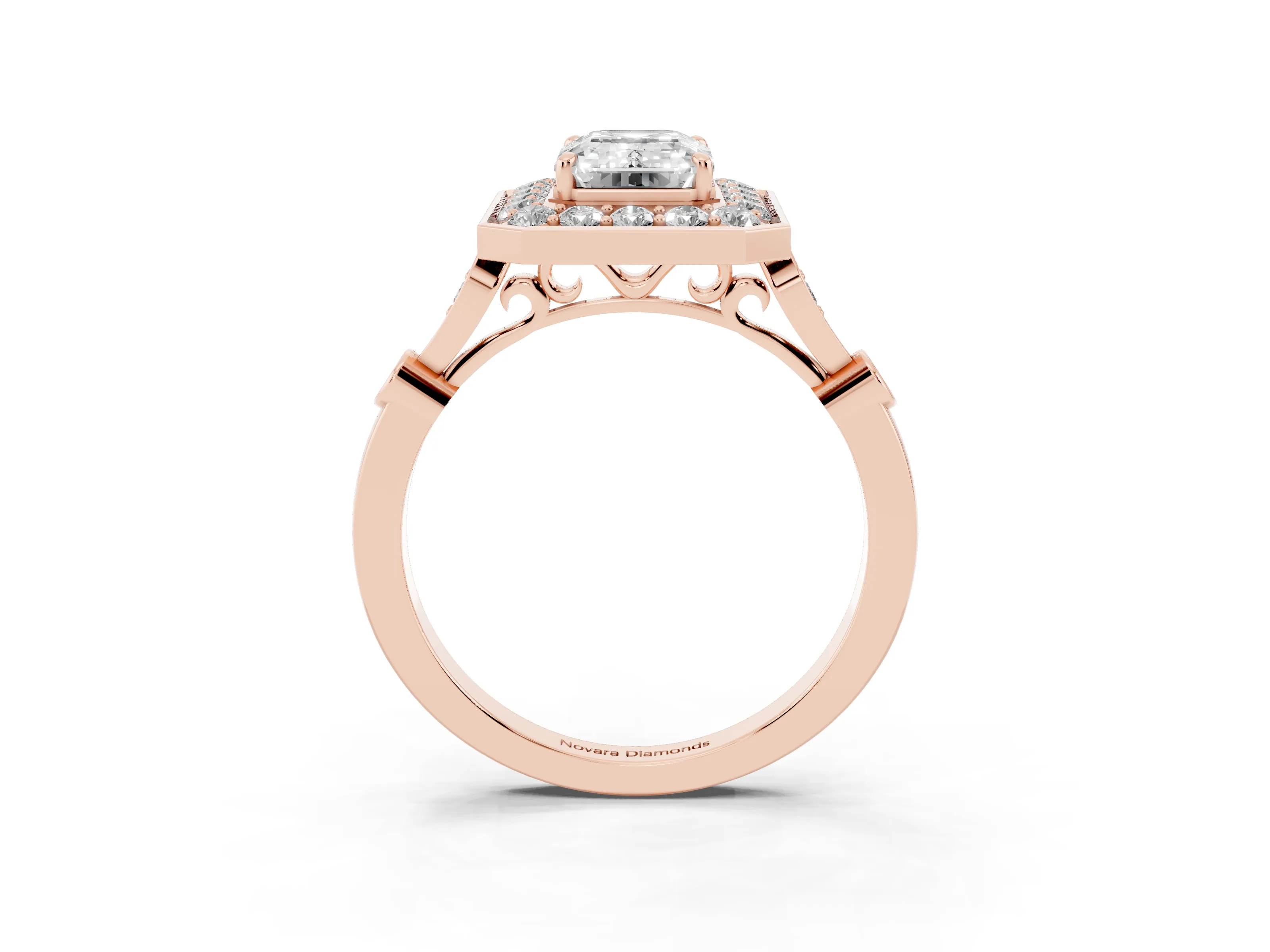 Emerald Cut Diamond Halo Engagement Ring Set in Rose gold with Twisted Band and Prong Setting