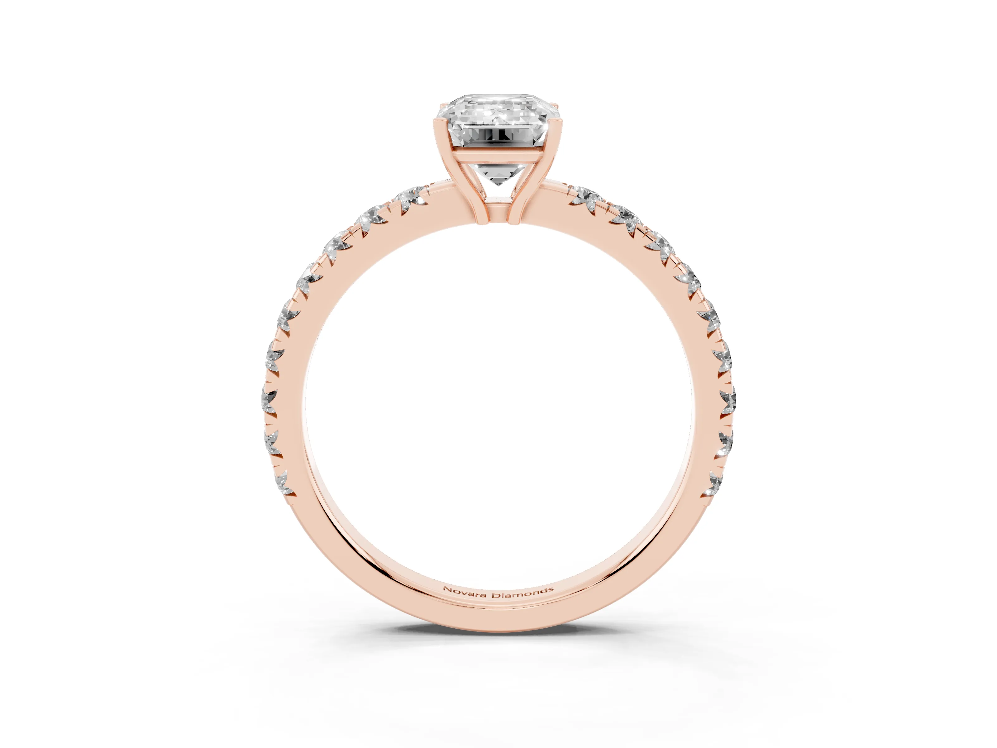 Emerald Cut Diamond Pavé Solitaire Engagement Ring Set in Rose gold with Prong Setting