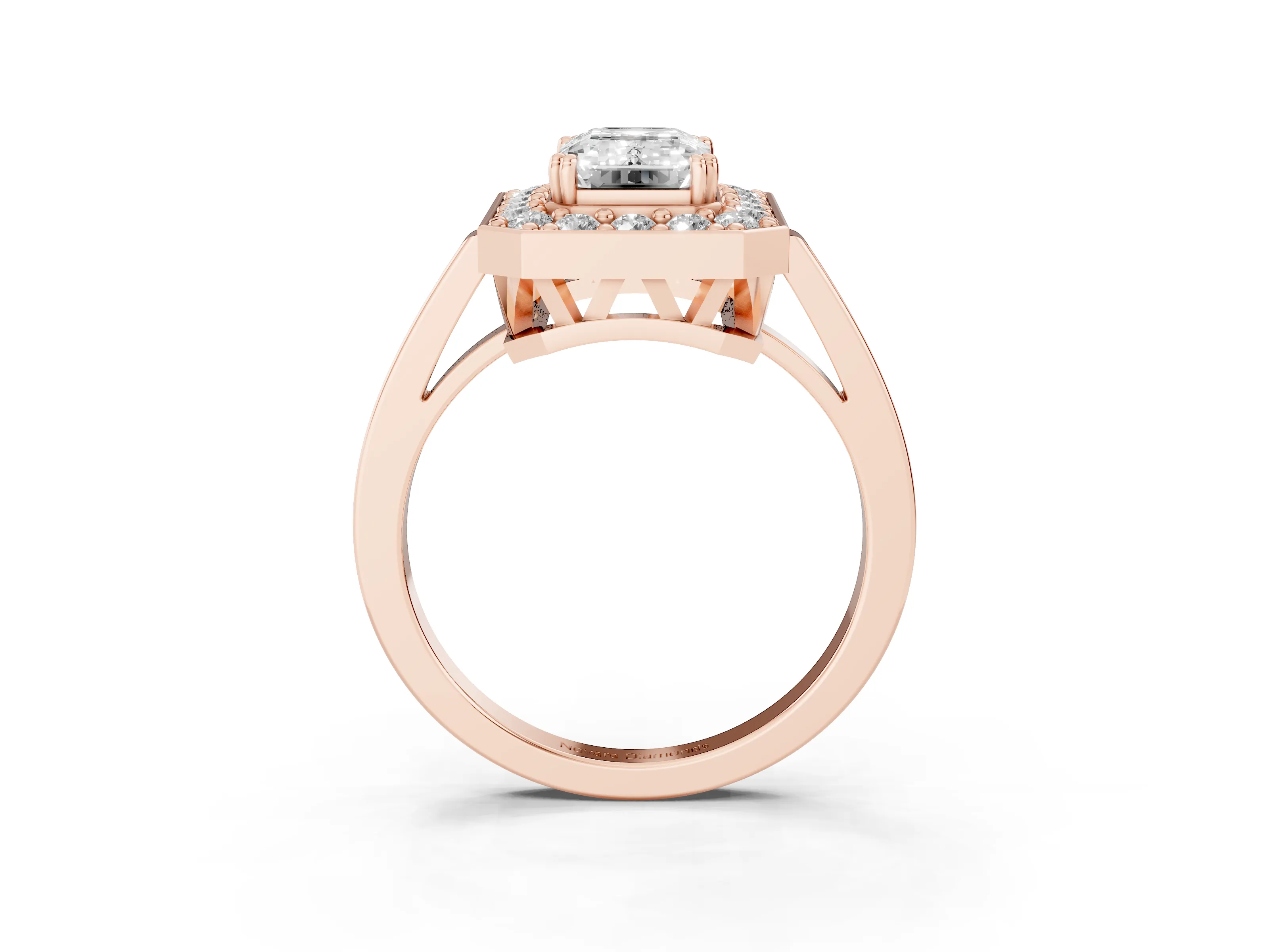 Emerald Cut Diamond Halo Ring Set in Rose gold with Accent-Lined Split Shank and Prong Setting