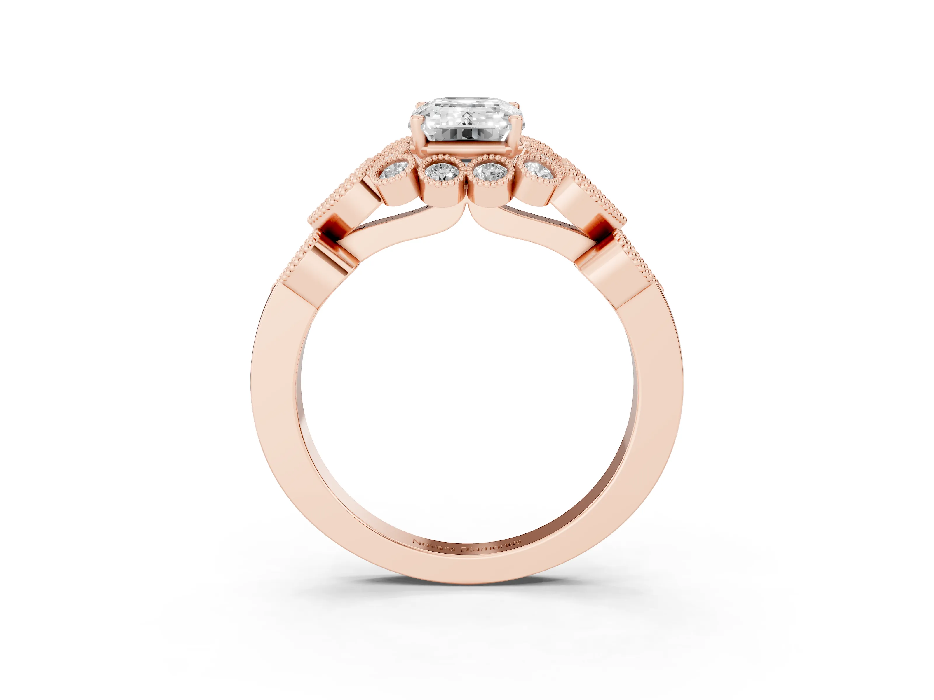 Emerald Cut Diamond Solitaire Ring Set in Rose gold with Milgrain Pavé Heart Band