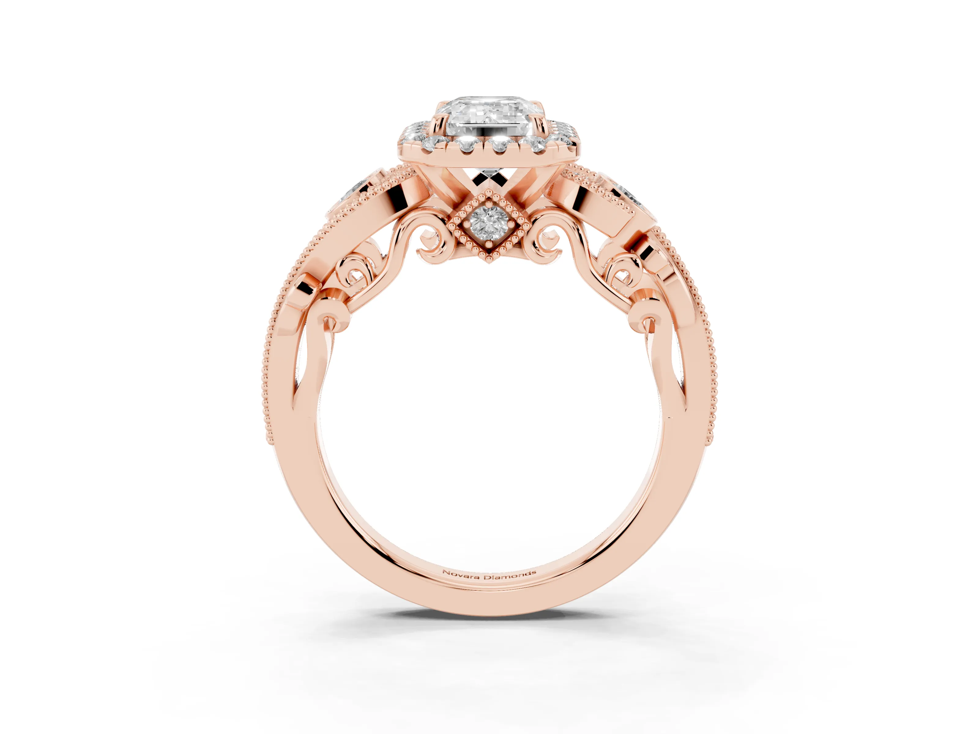 Emerald Cut Diamond Halo Ring Set in Rose gold with Milgrain Pavé Band and Prong Setting