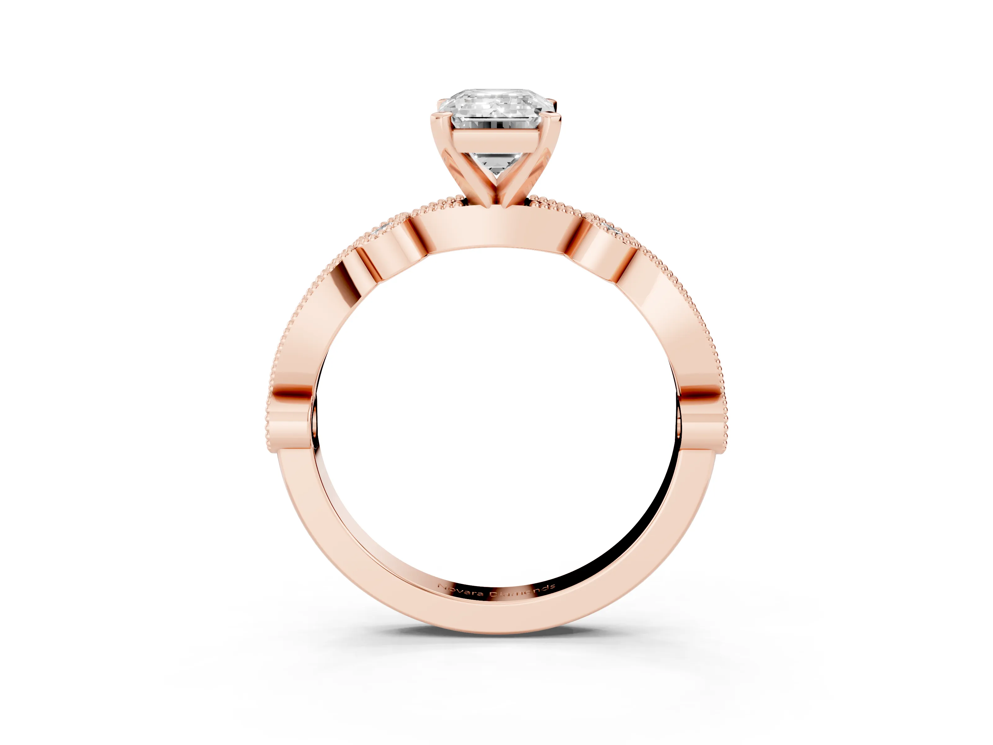 Emerald Cut Diamond Solitaire Engagement Ring Set in Rose gold with Milgrain Bezel Accent Band