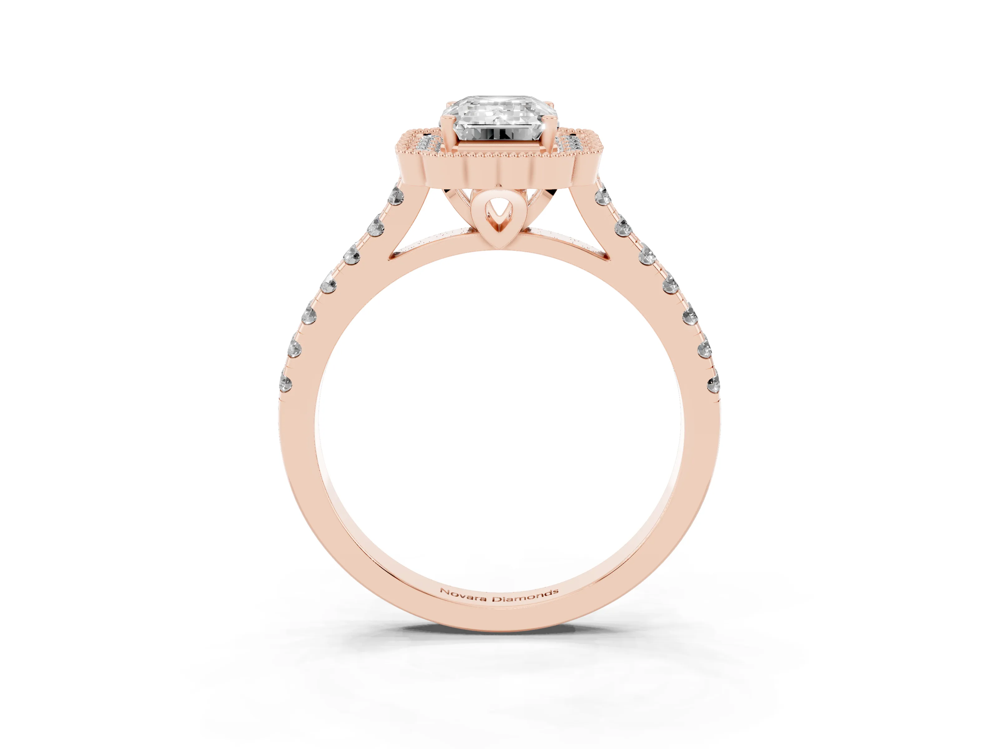 Emerald Cut Diamond Milgrain Floral Halo Engagement Ring Set in Rose gold with Pavé Band