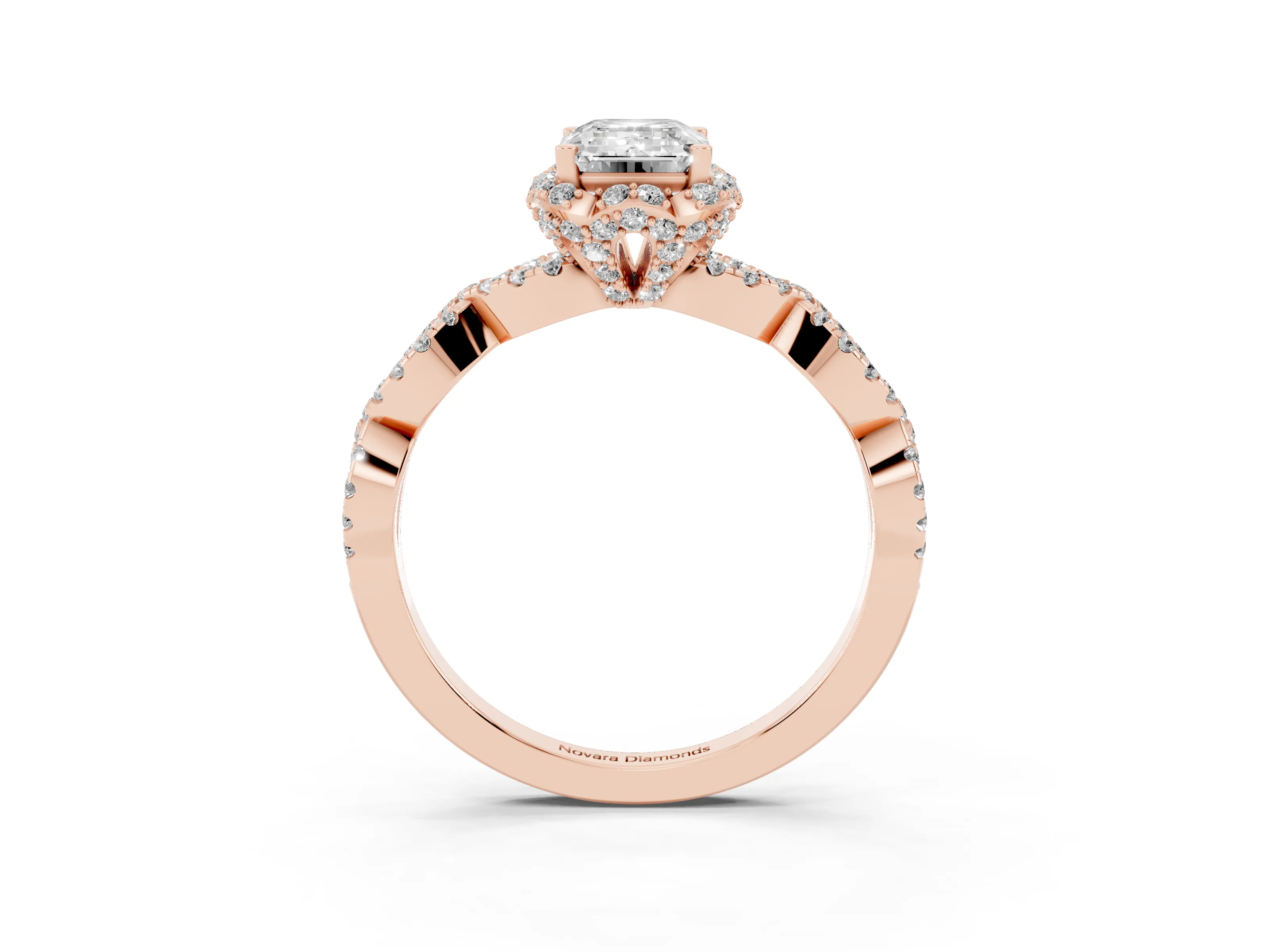 Emerald Cut Diamond Halo Twist Band Solitaire Ring Set in Rose gold with Prong-Set Center Stone