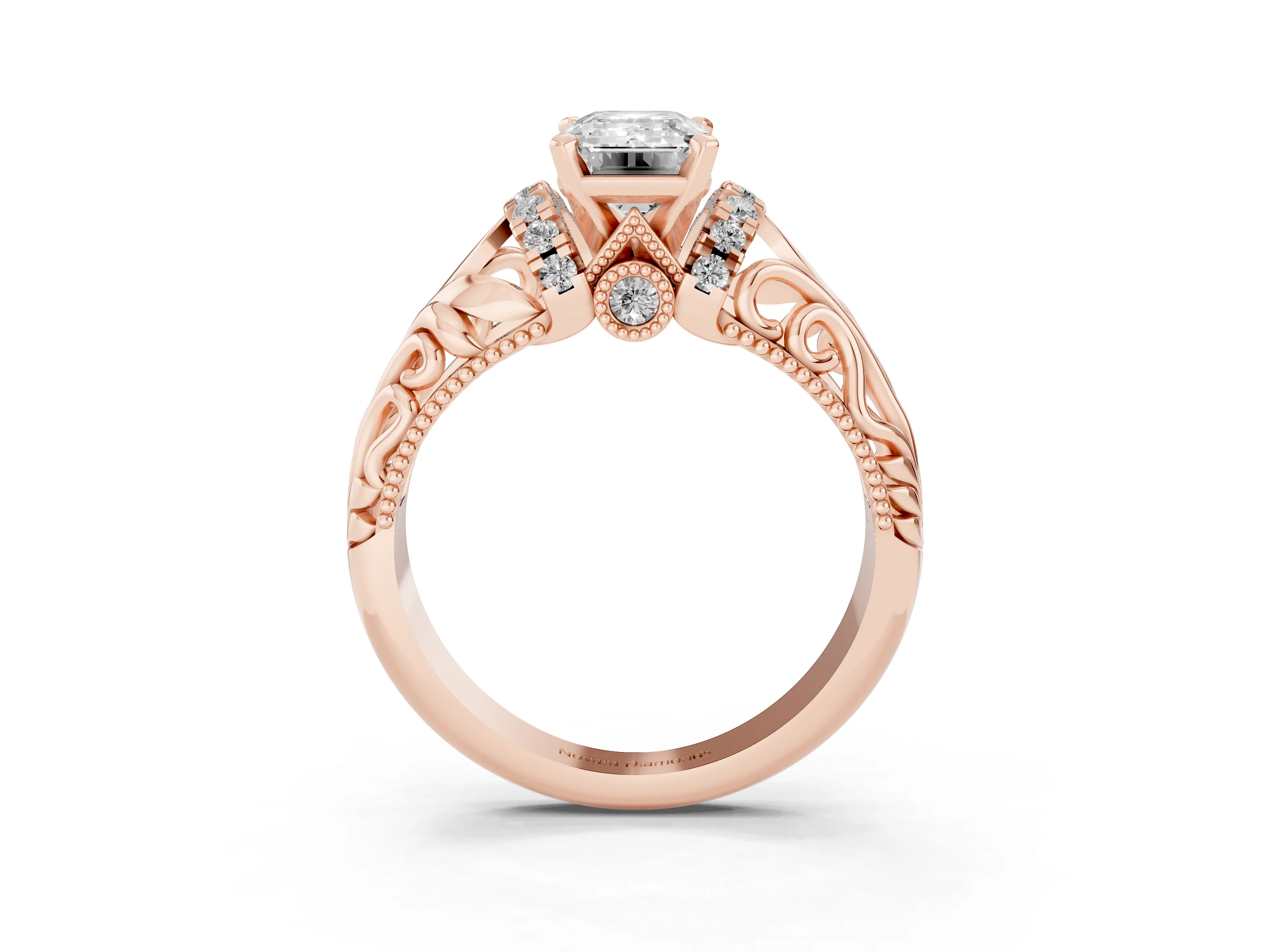 Emerald Cut Diamond Filigree Halo Engagement Ring Set in Rose gold with Prong Setting