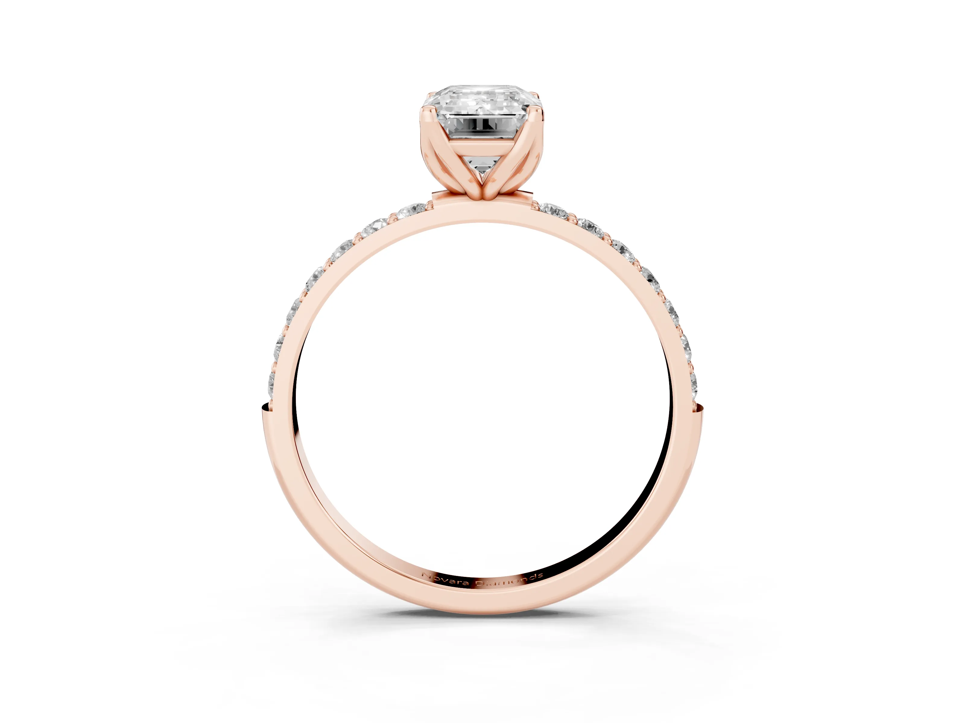 Emerald Cut Diamond Solitaire Engagement Ring Set in Rose gold with Round Pavé Band and Prong Setting