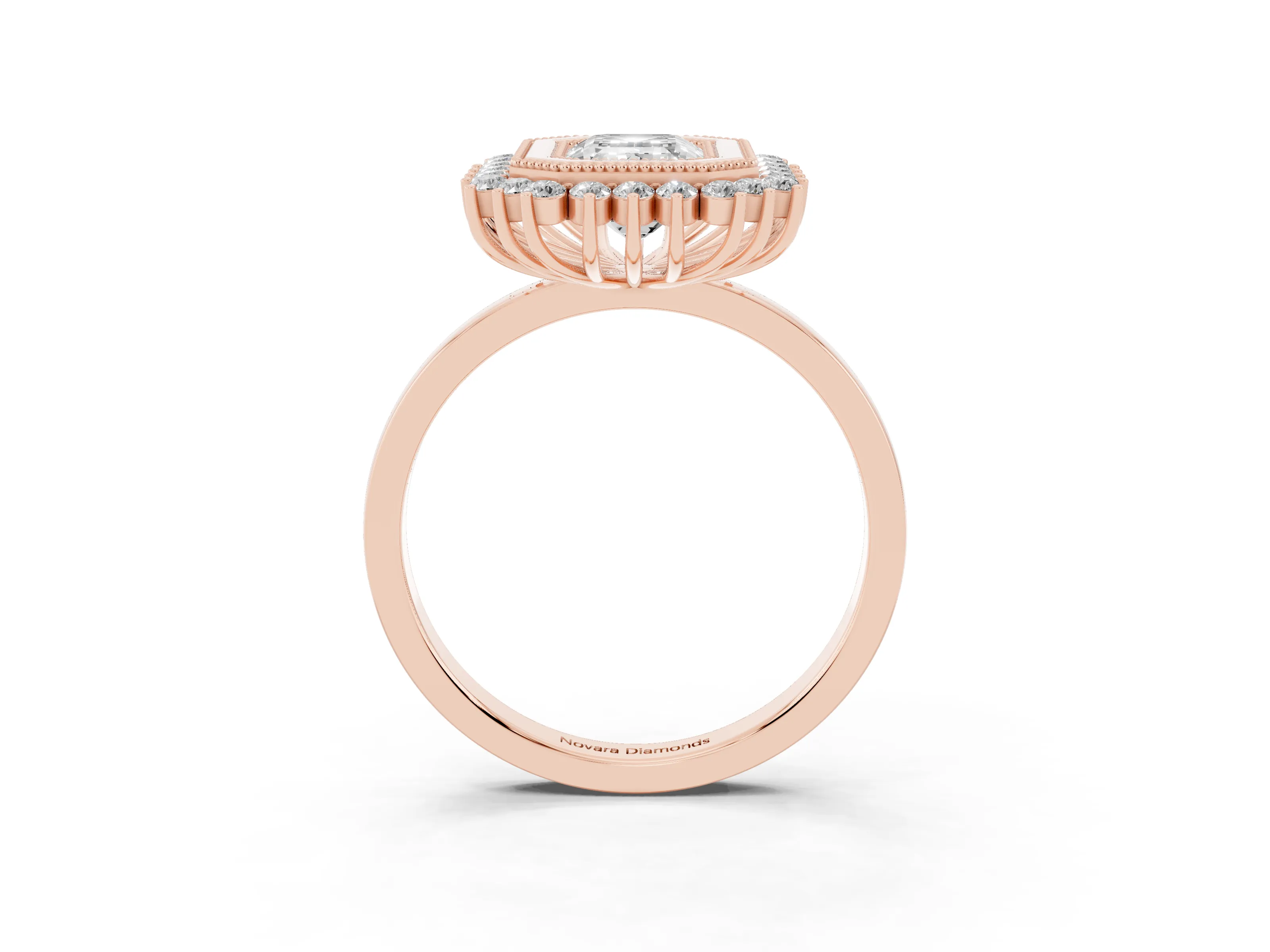 Emerald Cut Diamond Halo Ring Set in Rose gold with Milgrain Edge and Round Prong Setting