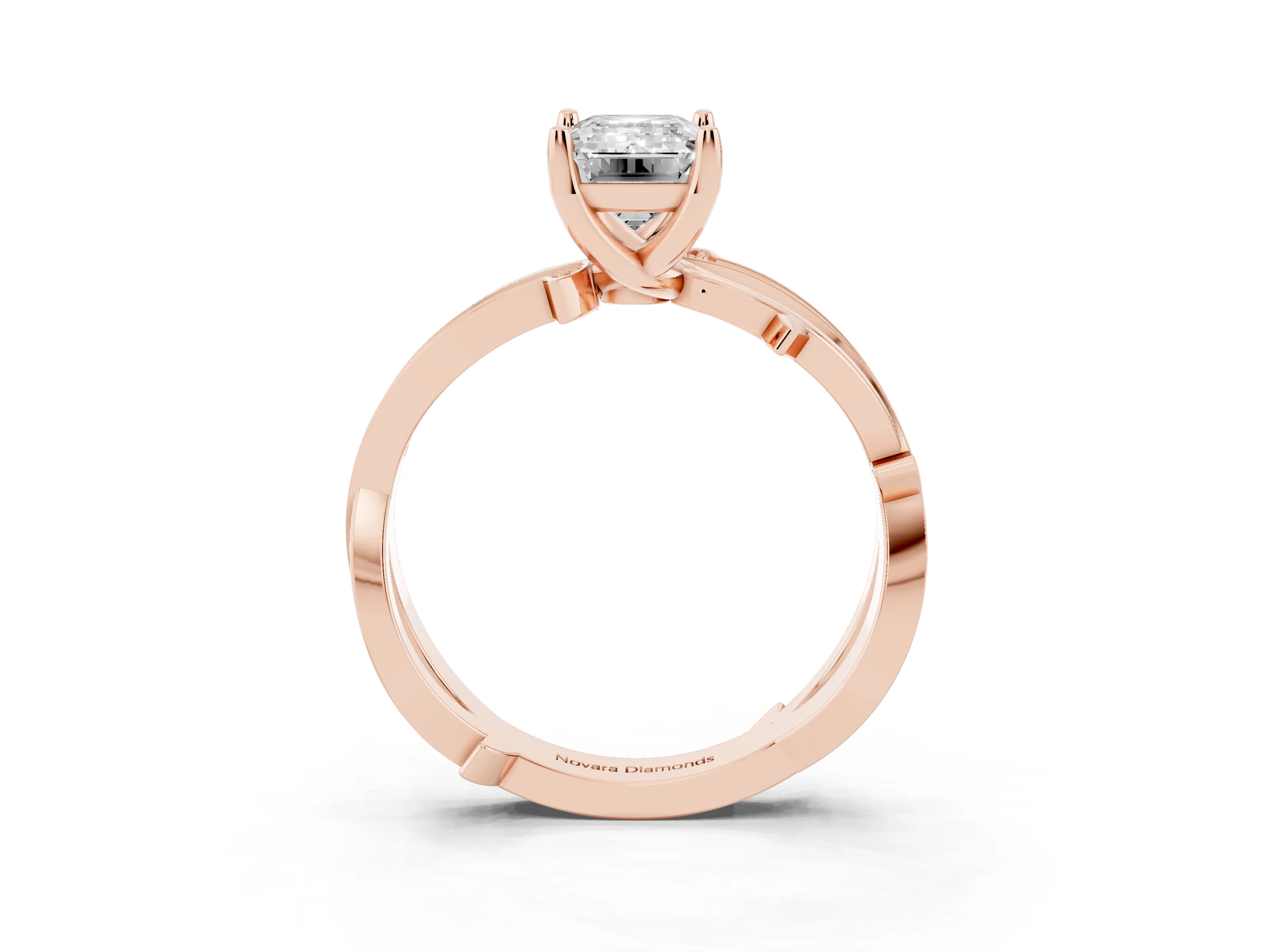 Emerald Cut Diamond Pavé Twist Band Solitaire Ring Set in Rose gold with Prong Setting