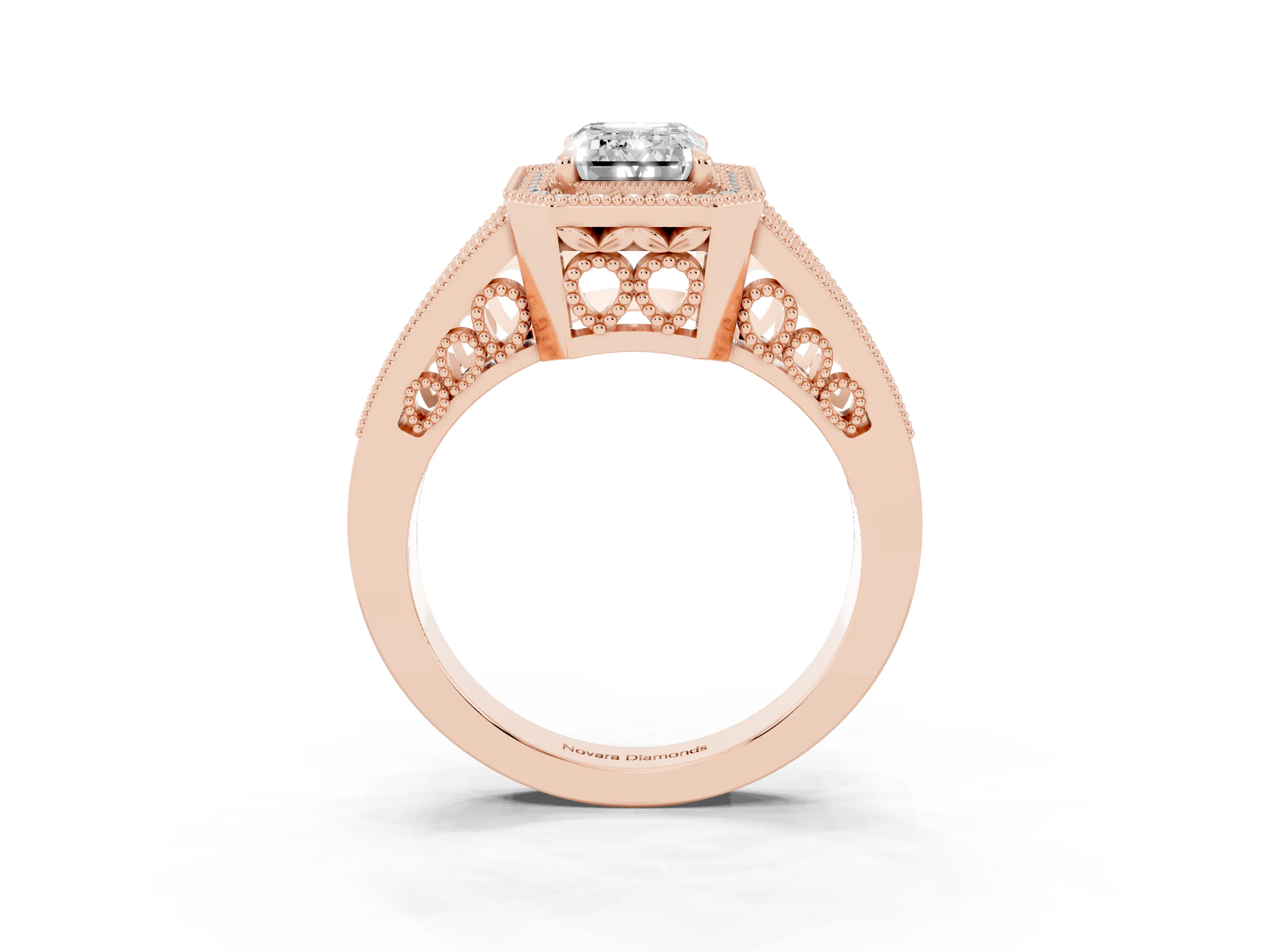 Emerald Cut Diamond Halo Ring Set in Rose gold with Stone-Set Split Shank and Milgrain Edges