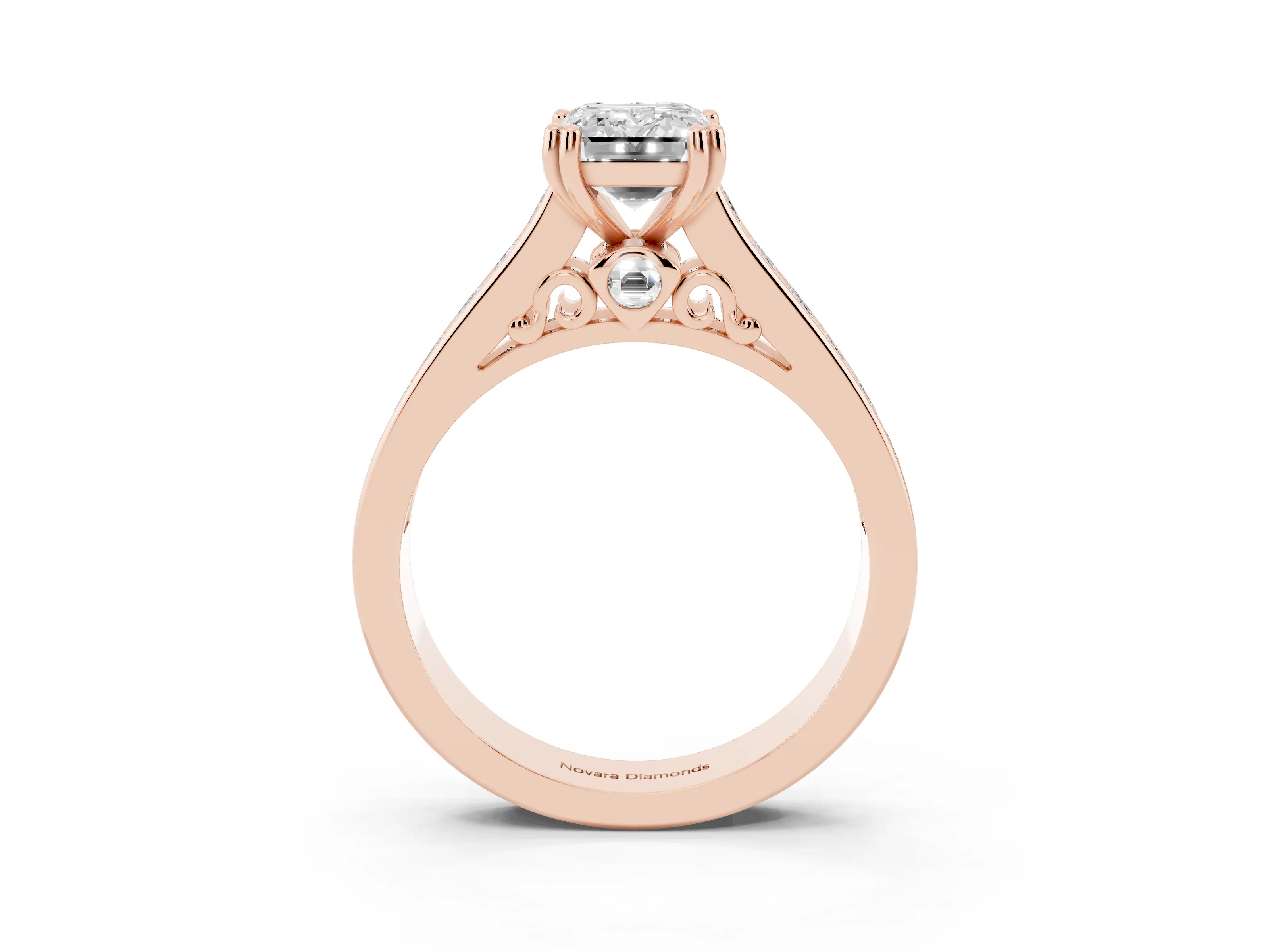 Emerald Cut Diamond Channel Set Solitaire Engagement Ring Set in Rose gold with Prong Setting