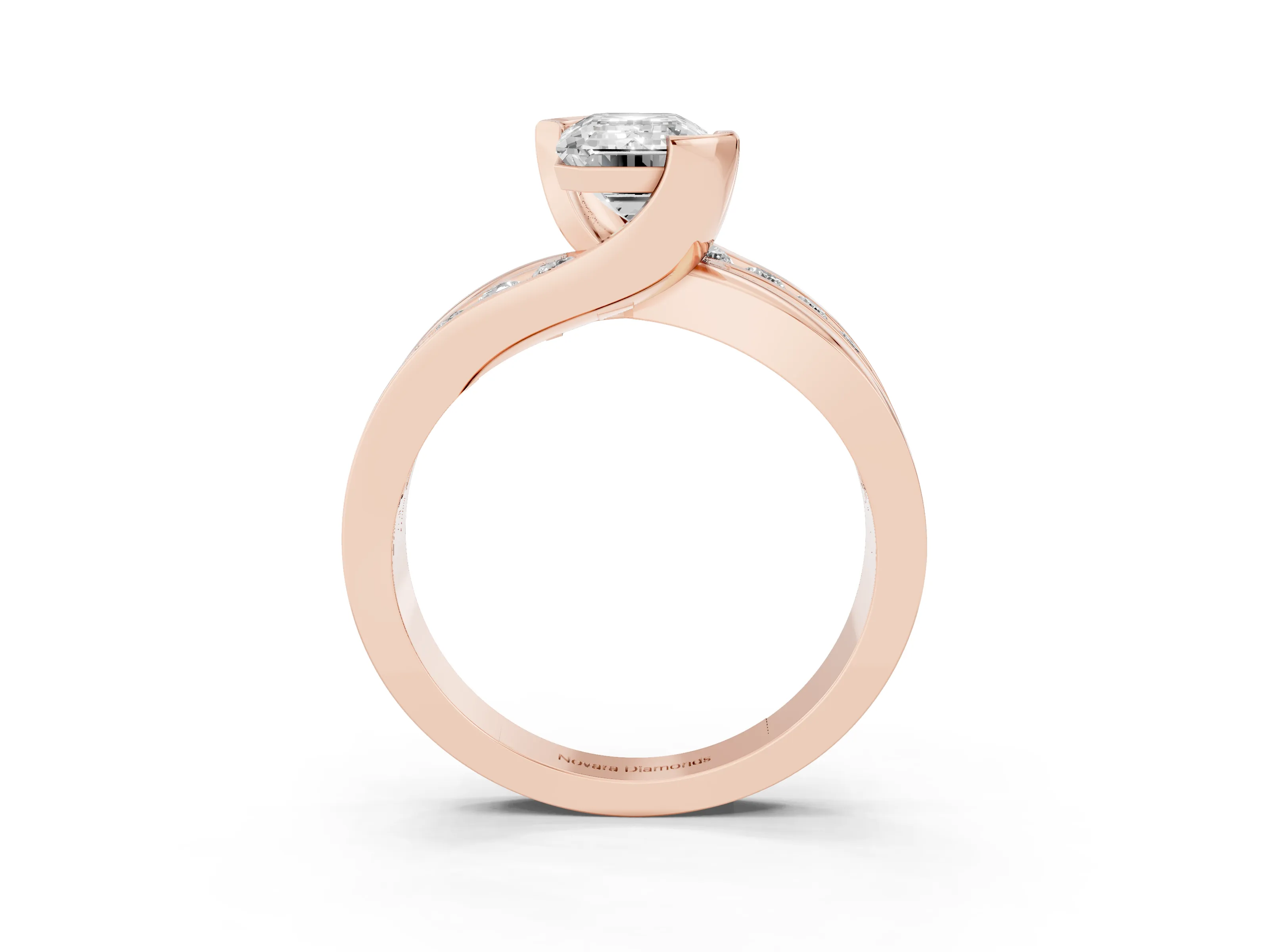 Emerald Cut Diamond Solitaire Ring Set in Rose gold with Channel Set Split Shank and Tension Prongs