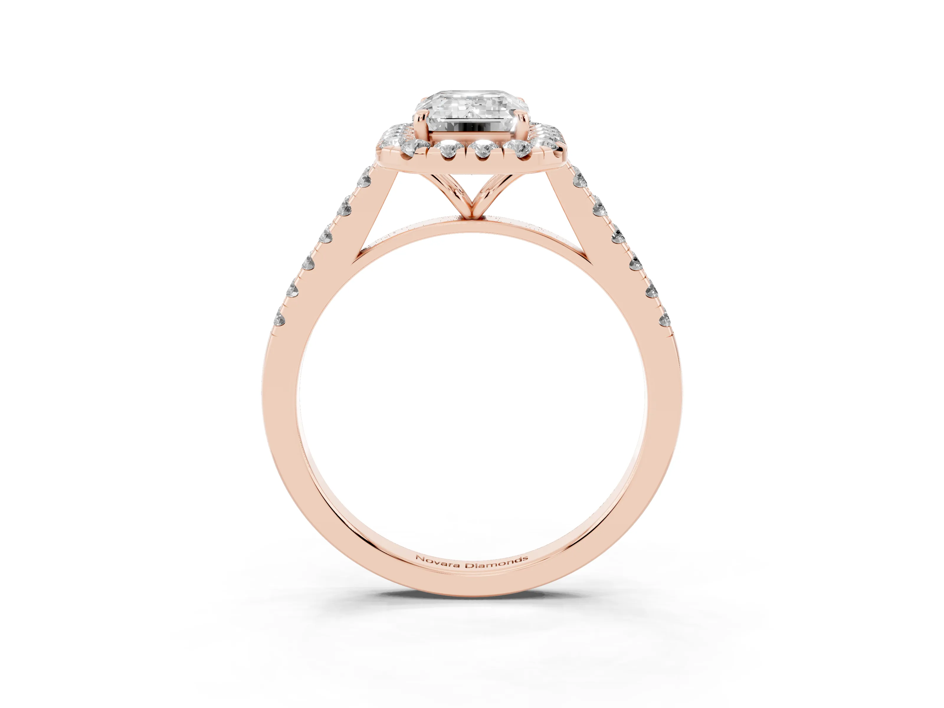 Emerald Cut Diamond Halo Pavé Engagement Ring Set in Rose gold with Prong Setting