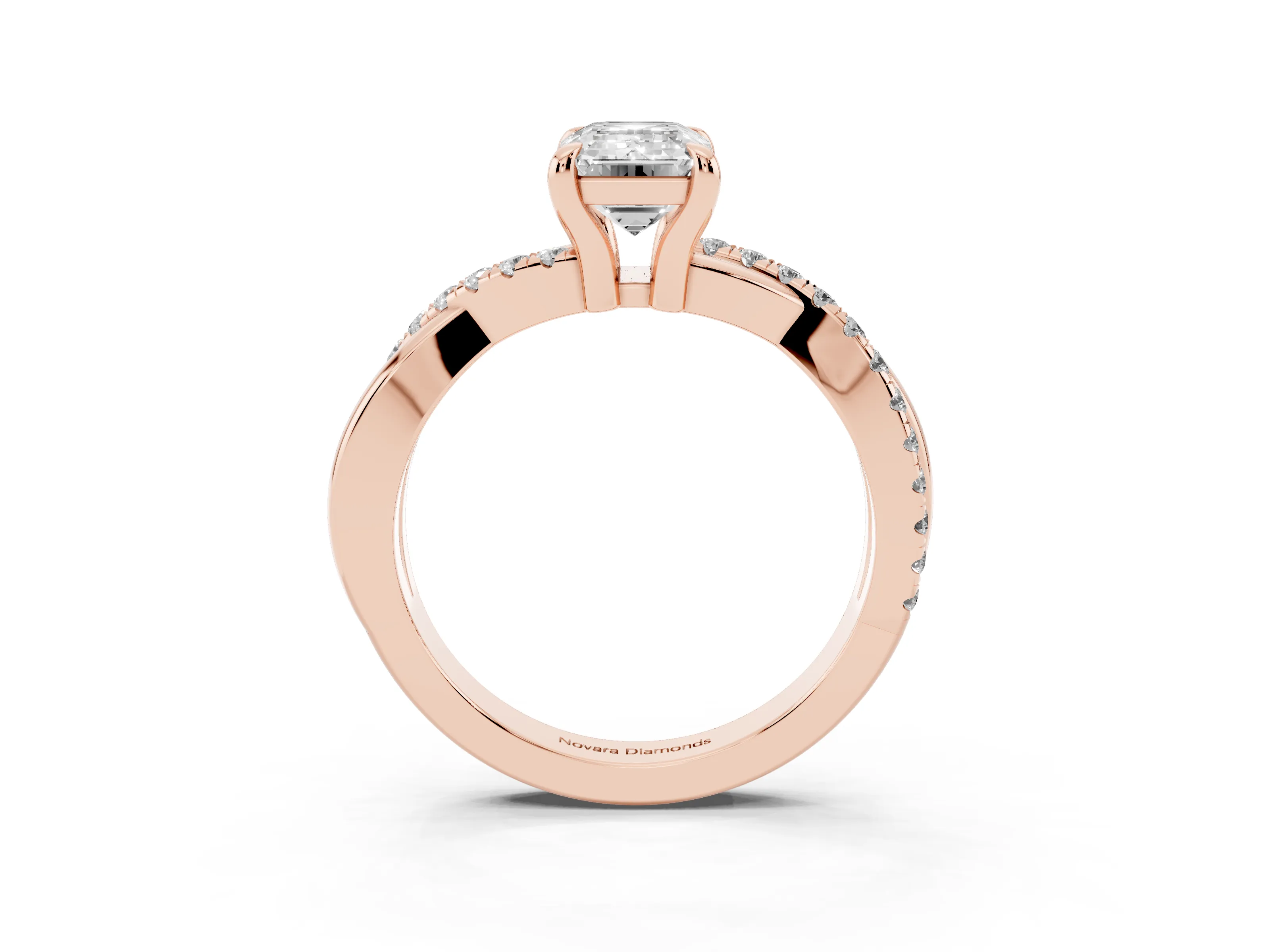 Emerald Cut Diamond Twist Band Solitaire Set in Rose gold with Pavé Accents and Prong Setting