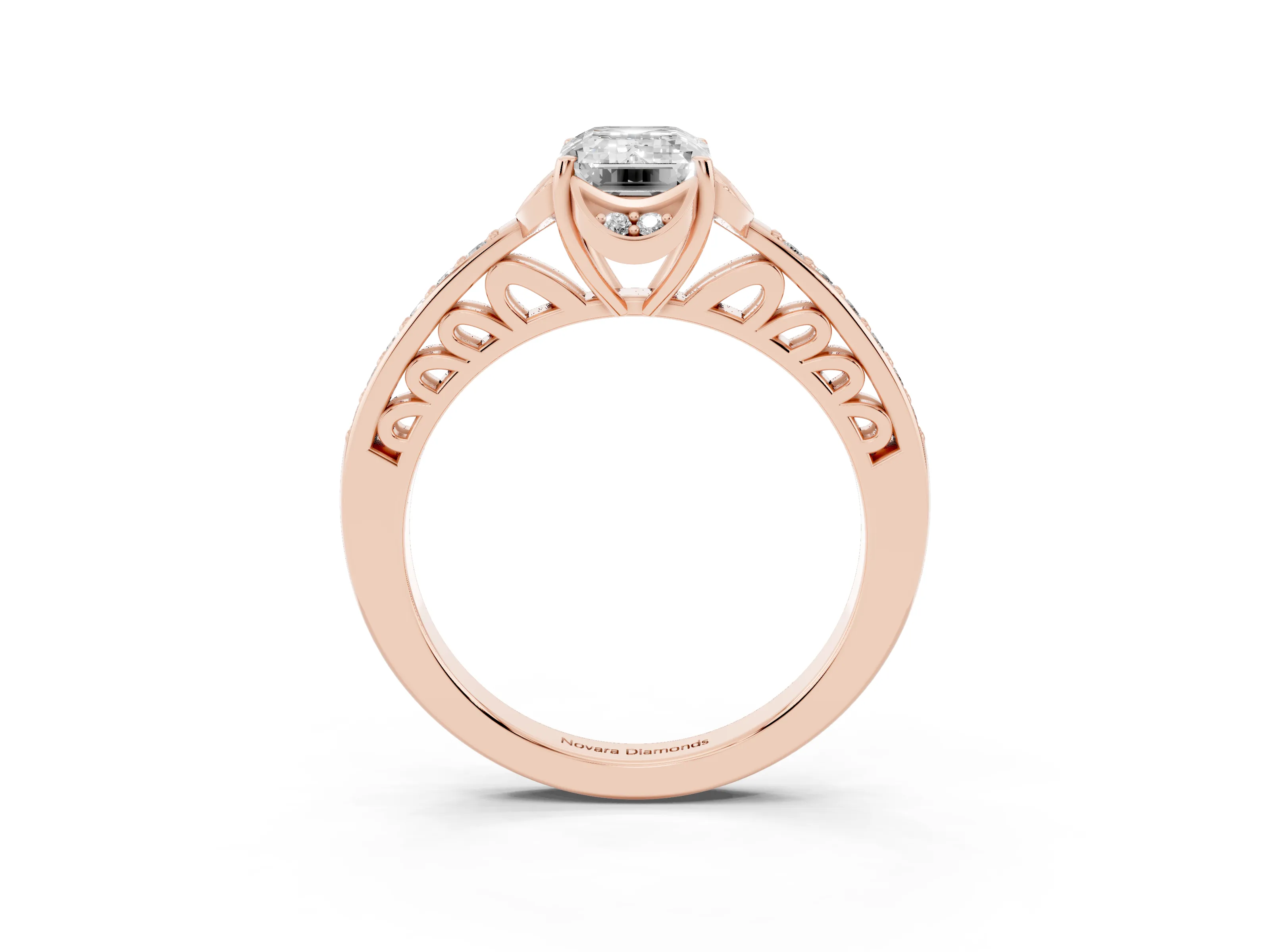 Emerald Cut Diamond Halo Ring Set in Rose gold with Channel Set Band and Prong Setting