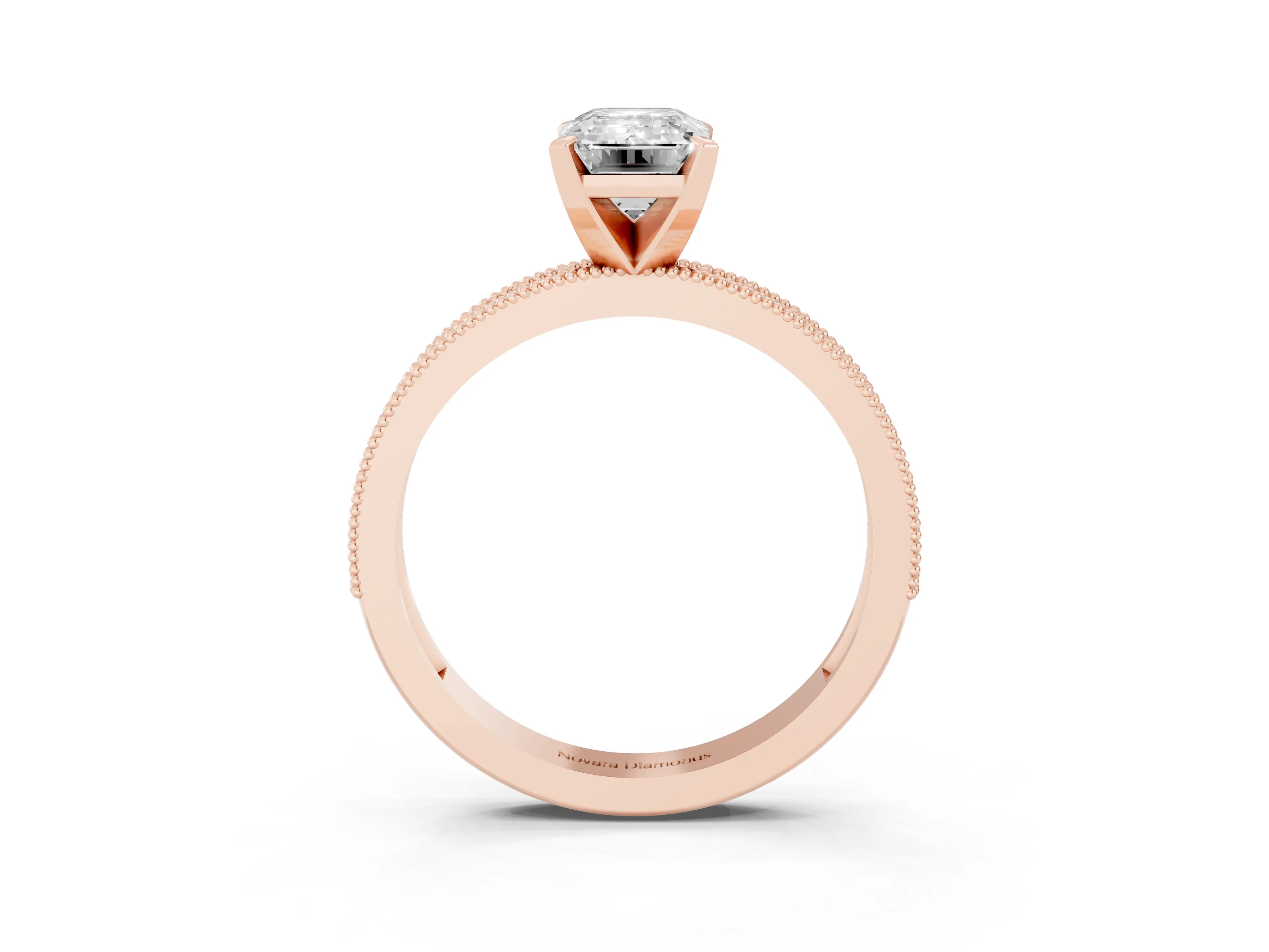 Emerald Cut Diamond Milgrain Pavé Engagement Ring Set in Rose gold with Prong Setting
