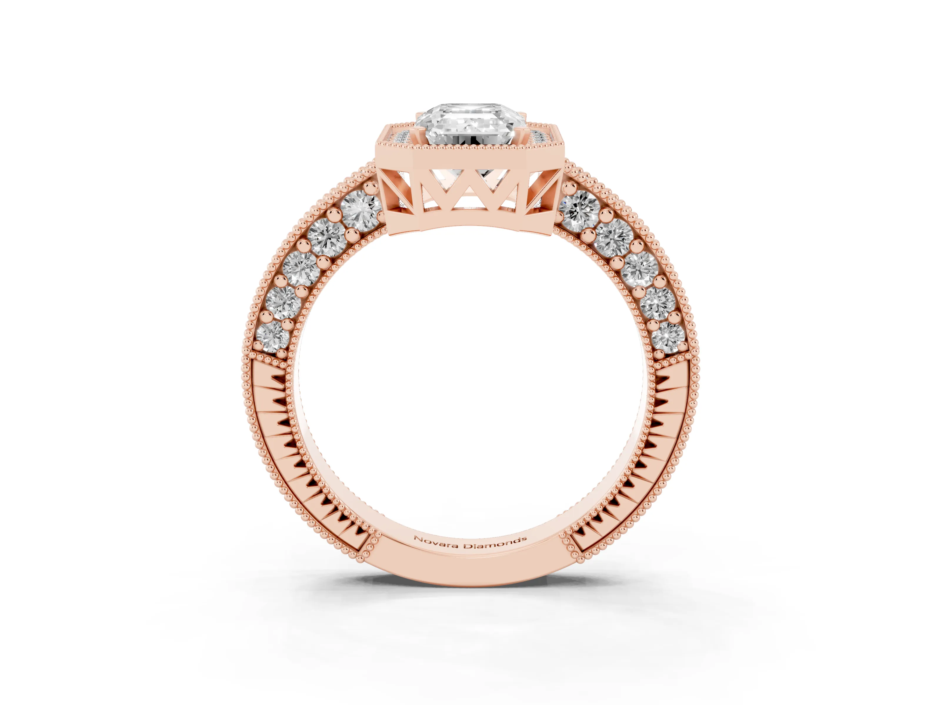Emerald Cut Diamond Halo Pavé Band Ring Set in Rose gold with Prong-Set Center