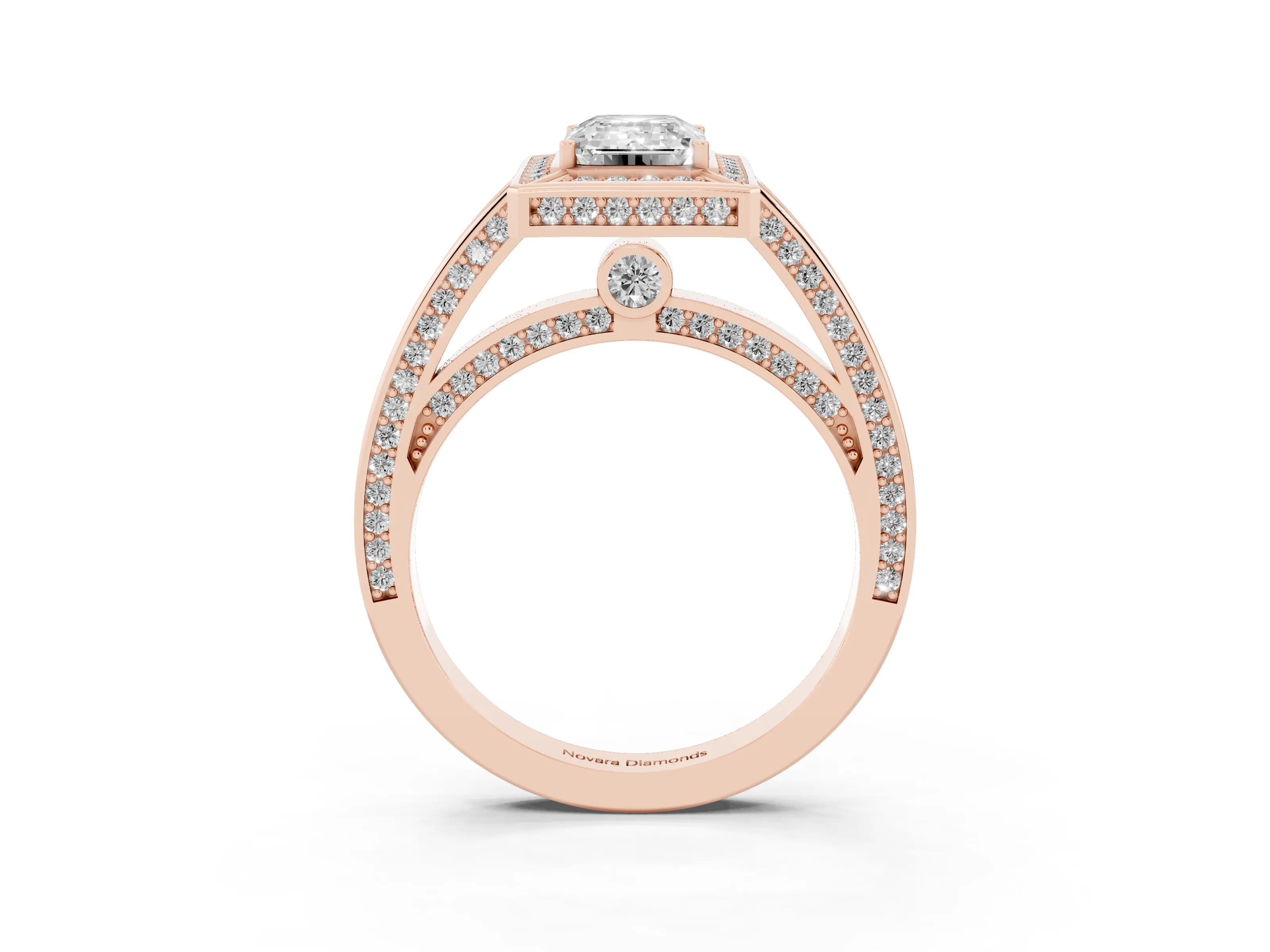 Emerald Cut Diamond Halo Pavé Split Shank Ring Set in Rose gold with Prong Setting