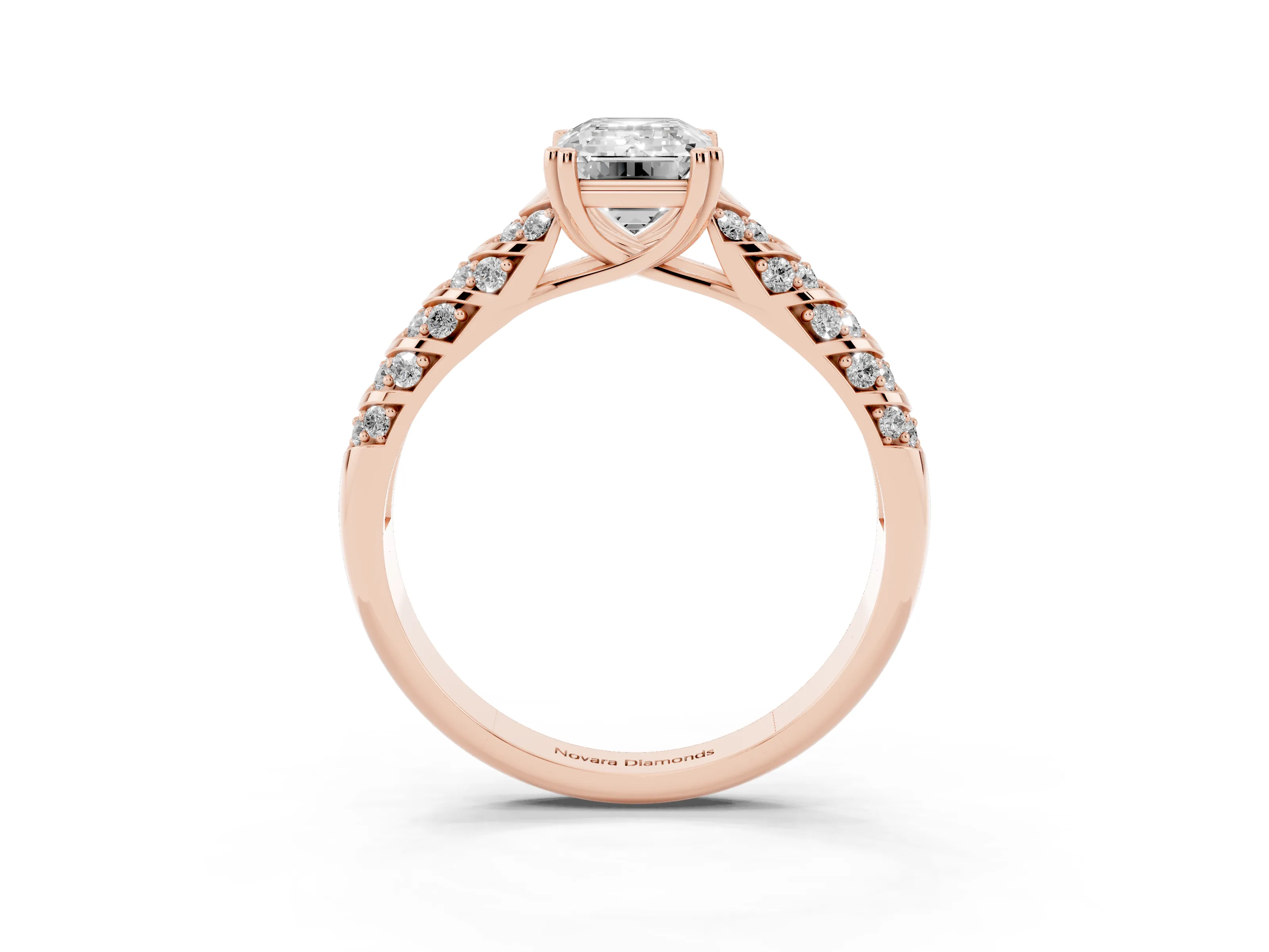 Emerald Cut Diamond Solitaire Chevron Pavé Engagement Ring Set in Rose gold with Prong Setting