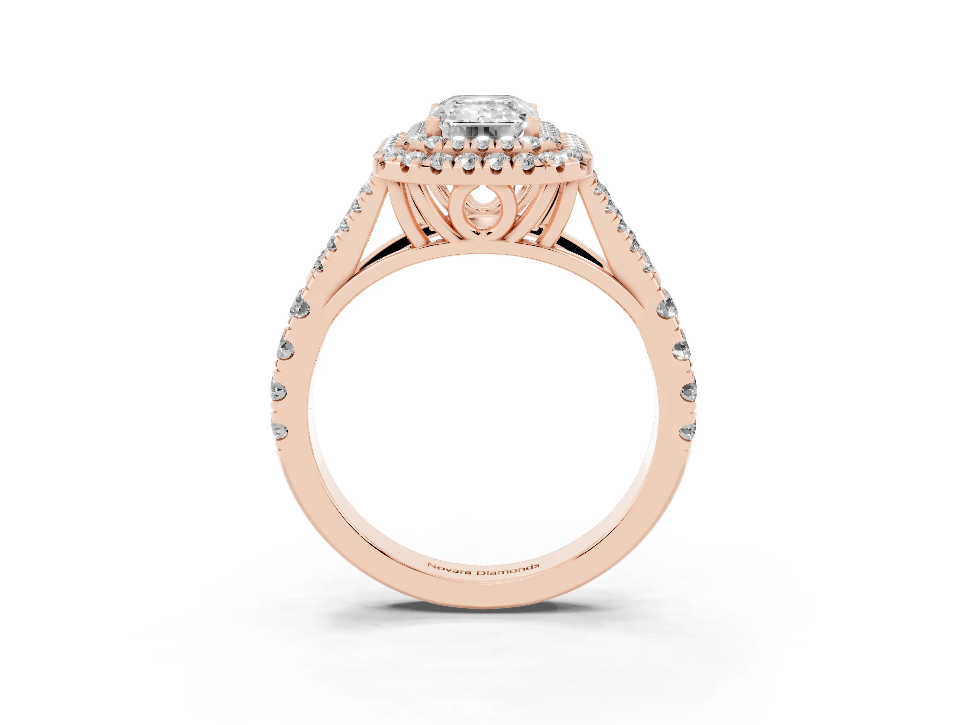 Emerald Cut Diamond Pavé Split Shank Double Halo Engagement Ring Set in Rose gold