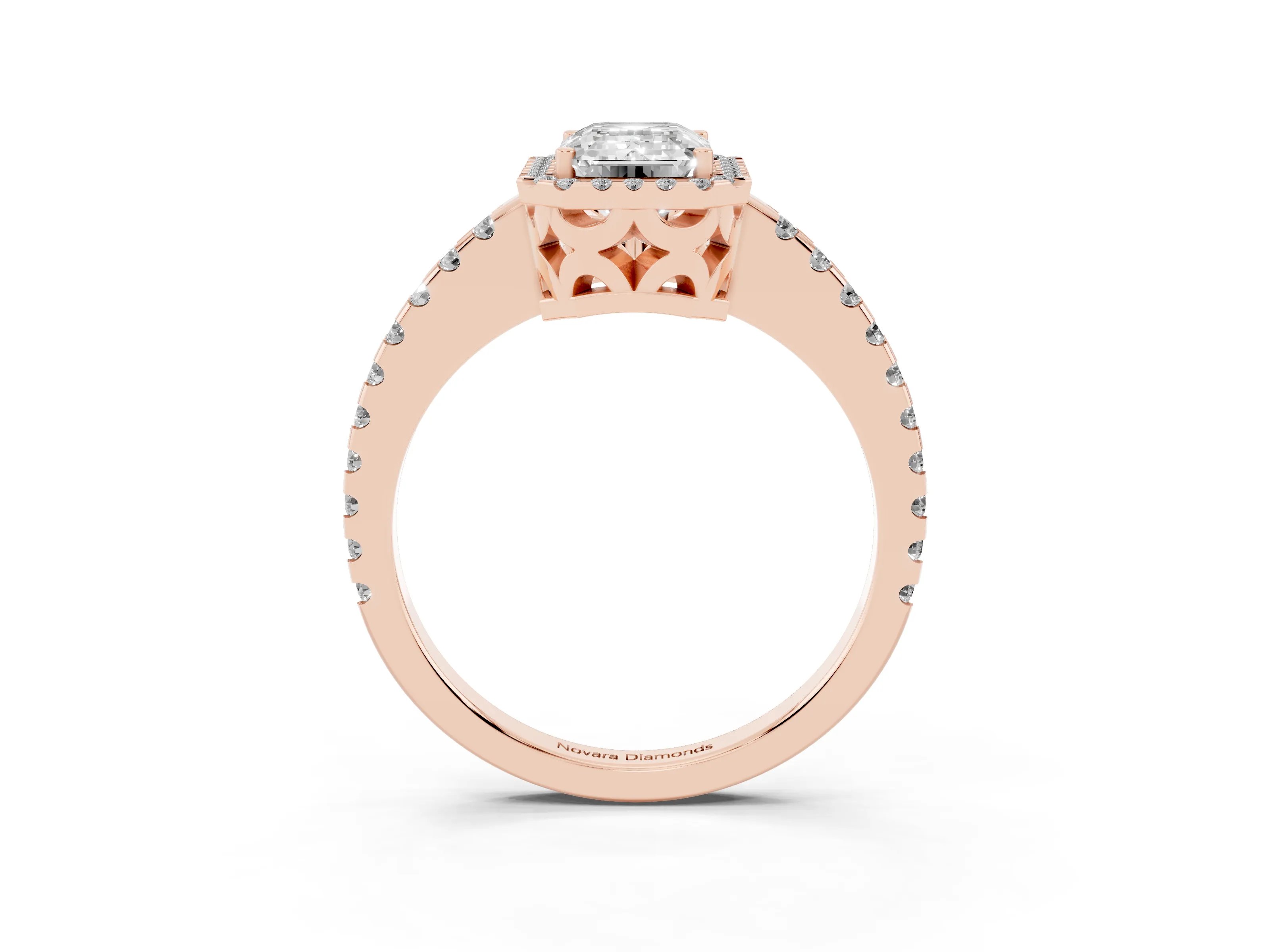 Emerald Cut Diamond Halo Ring Set in Rose gold with Pavé Shoulders and Halo-Framed Center