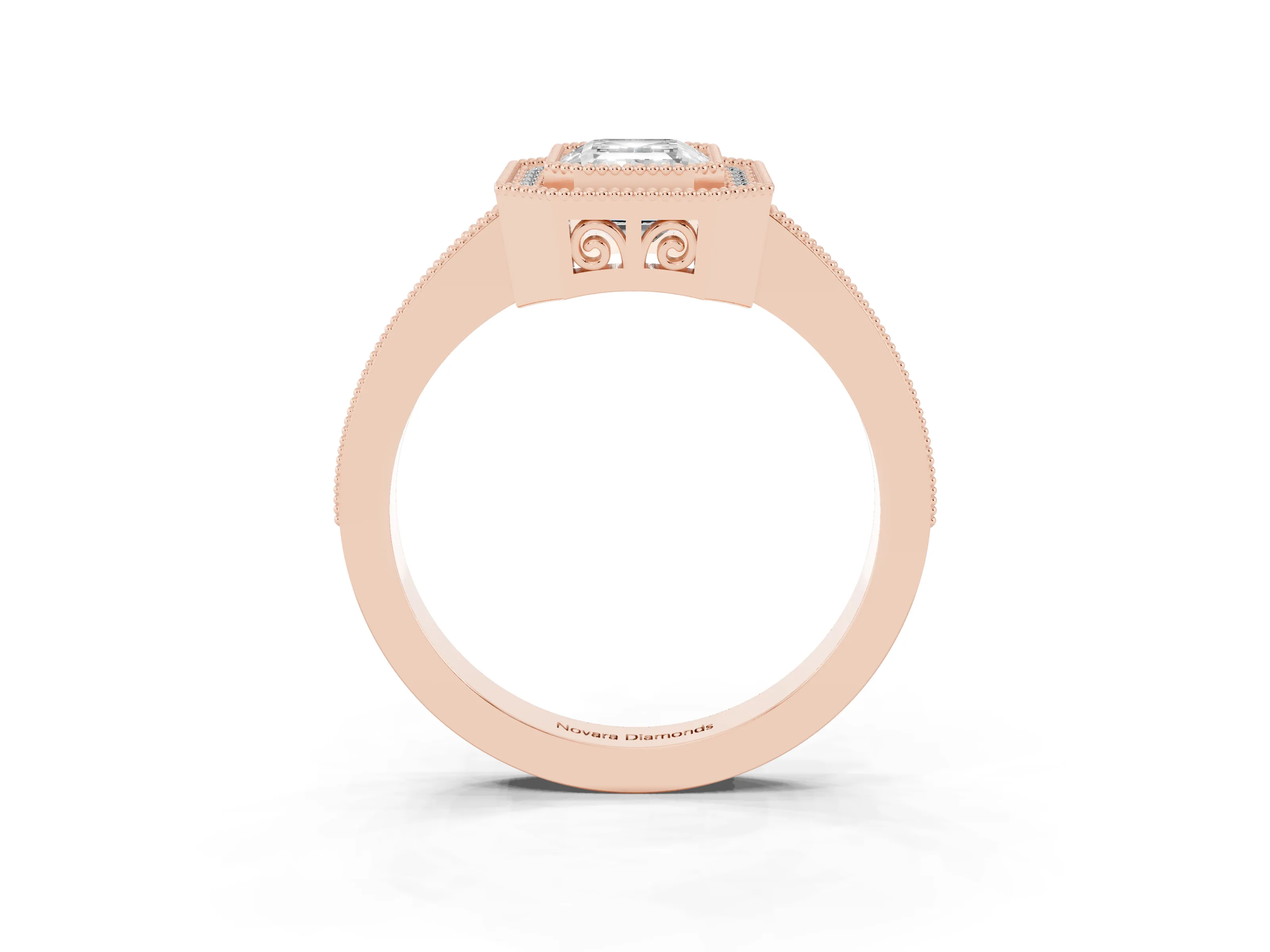 Emerald Cut Diamond Round Halo Ring Set in Rose gold with Pavé Band