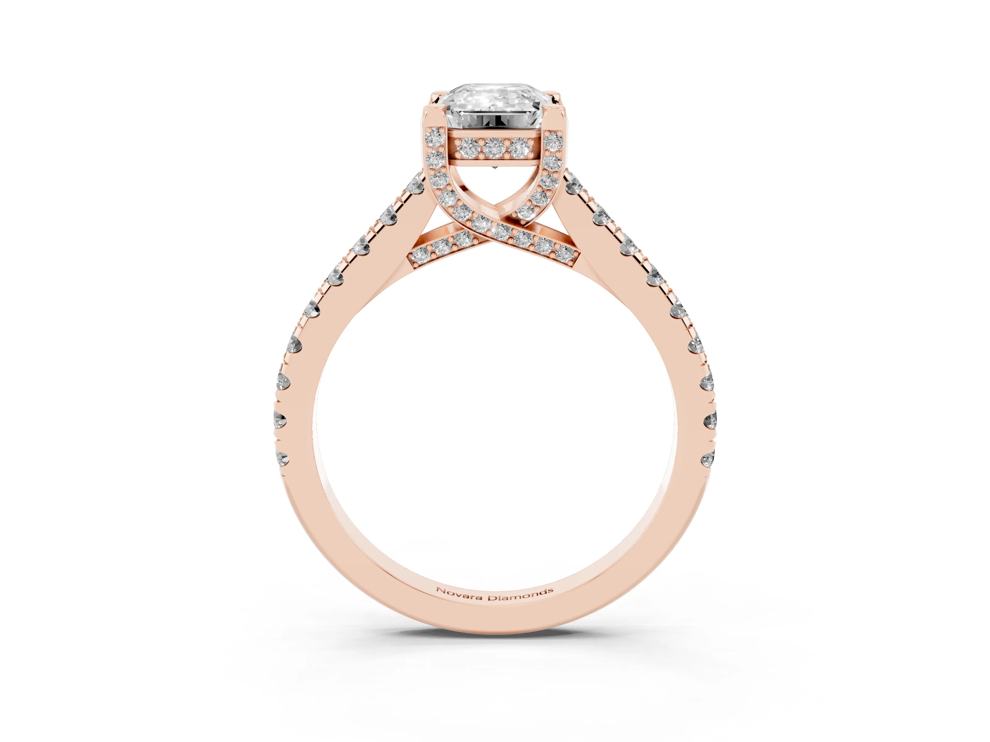 Emerald Cut Diamond Solitaire Ring Set in Rose gold with Brilliant Pavé Band and Prong Setting