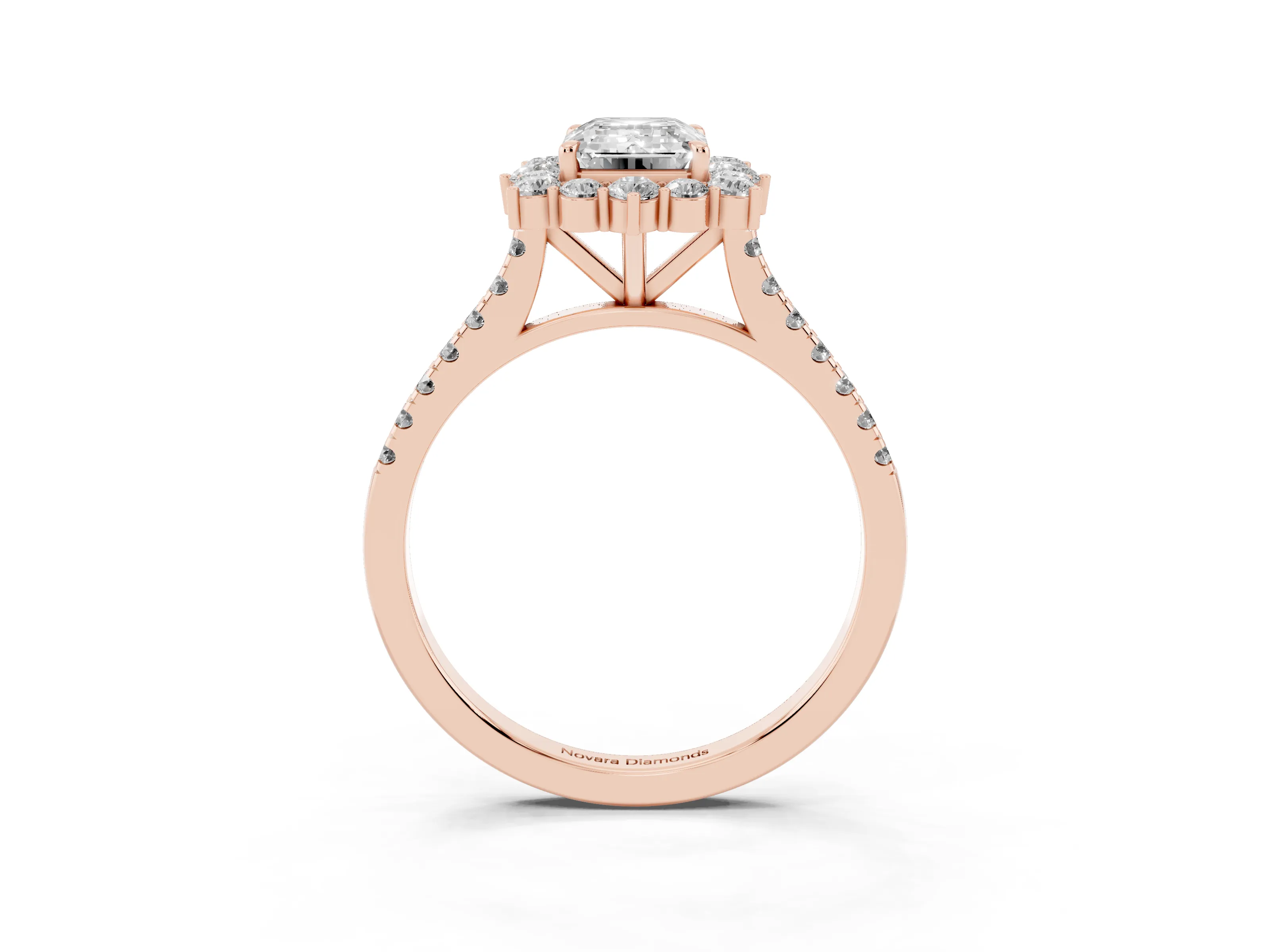 Emerald Cut Diamond Halo Ring Set in Rose gold with Pavé Band and Prong Setting