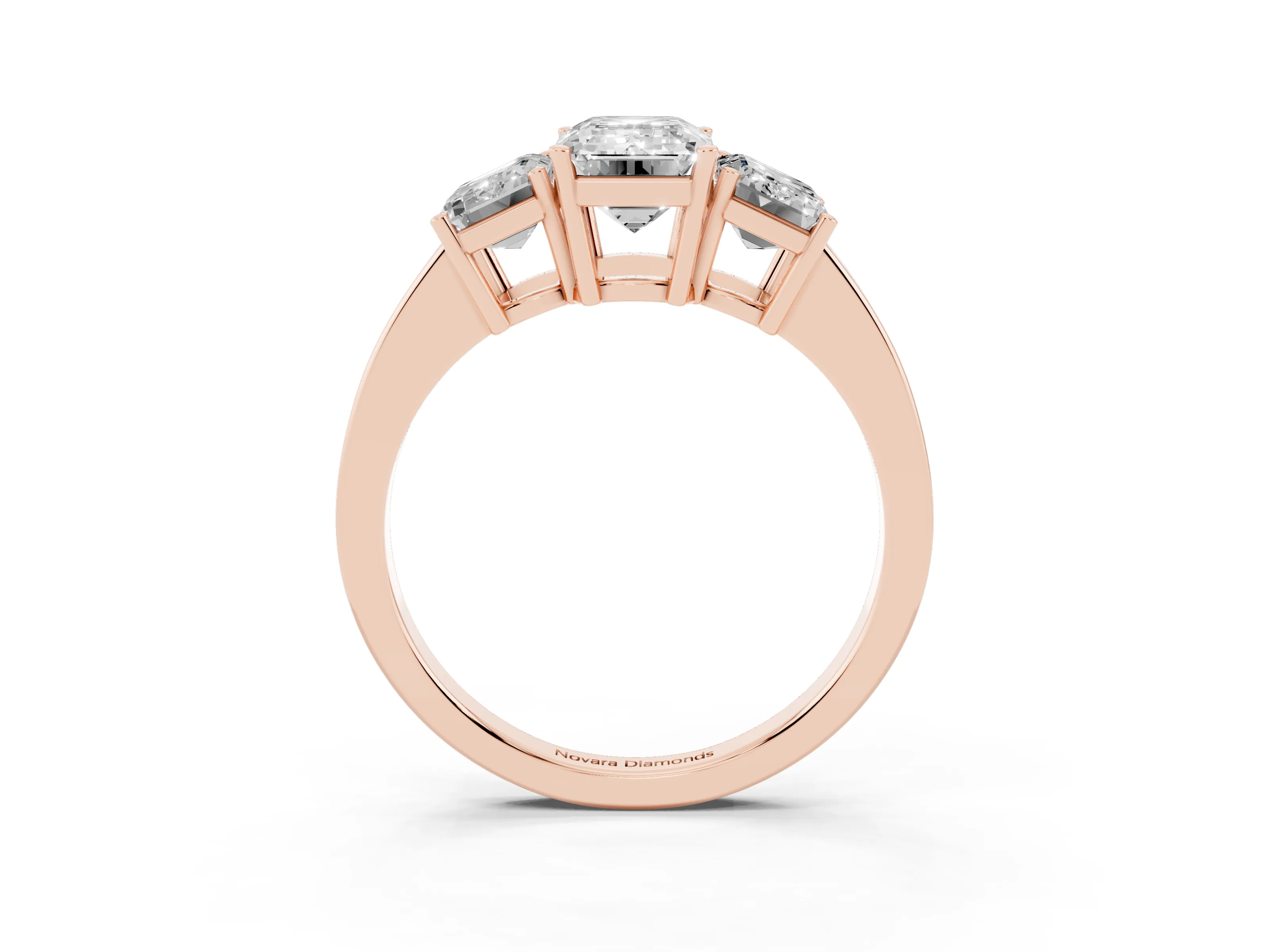 Emerald Cut Diamond Three-Stone Engagement Ring Set in Rose gold with Flat Band