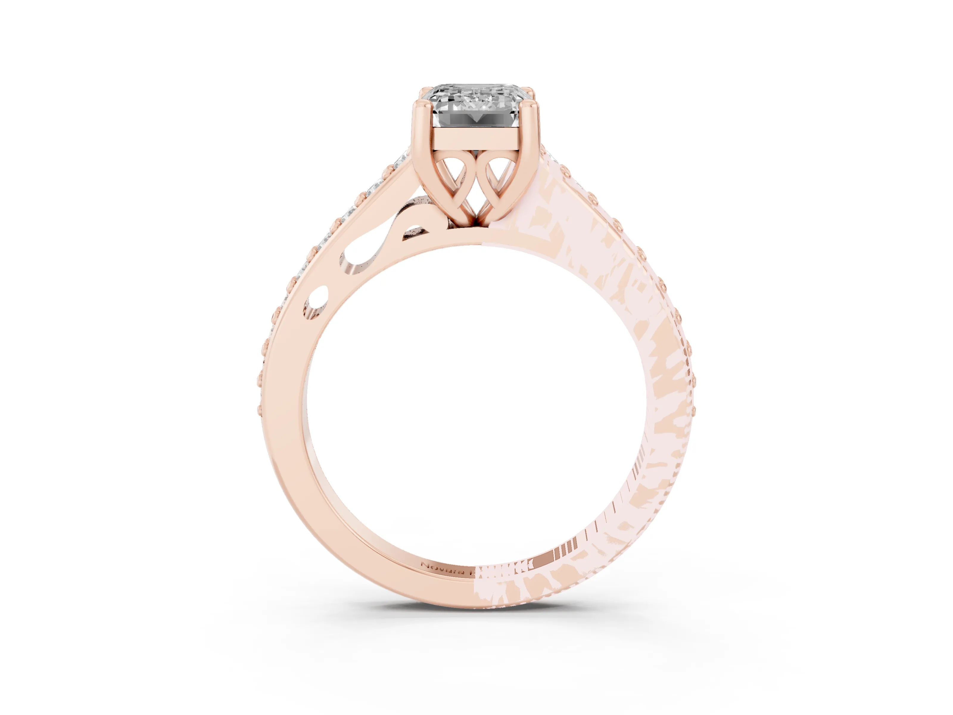 Emerald Cut Diamond Prong Set Solitaire Engagement Ring Set in Rose gold with Pavé Band