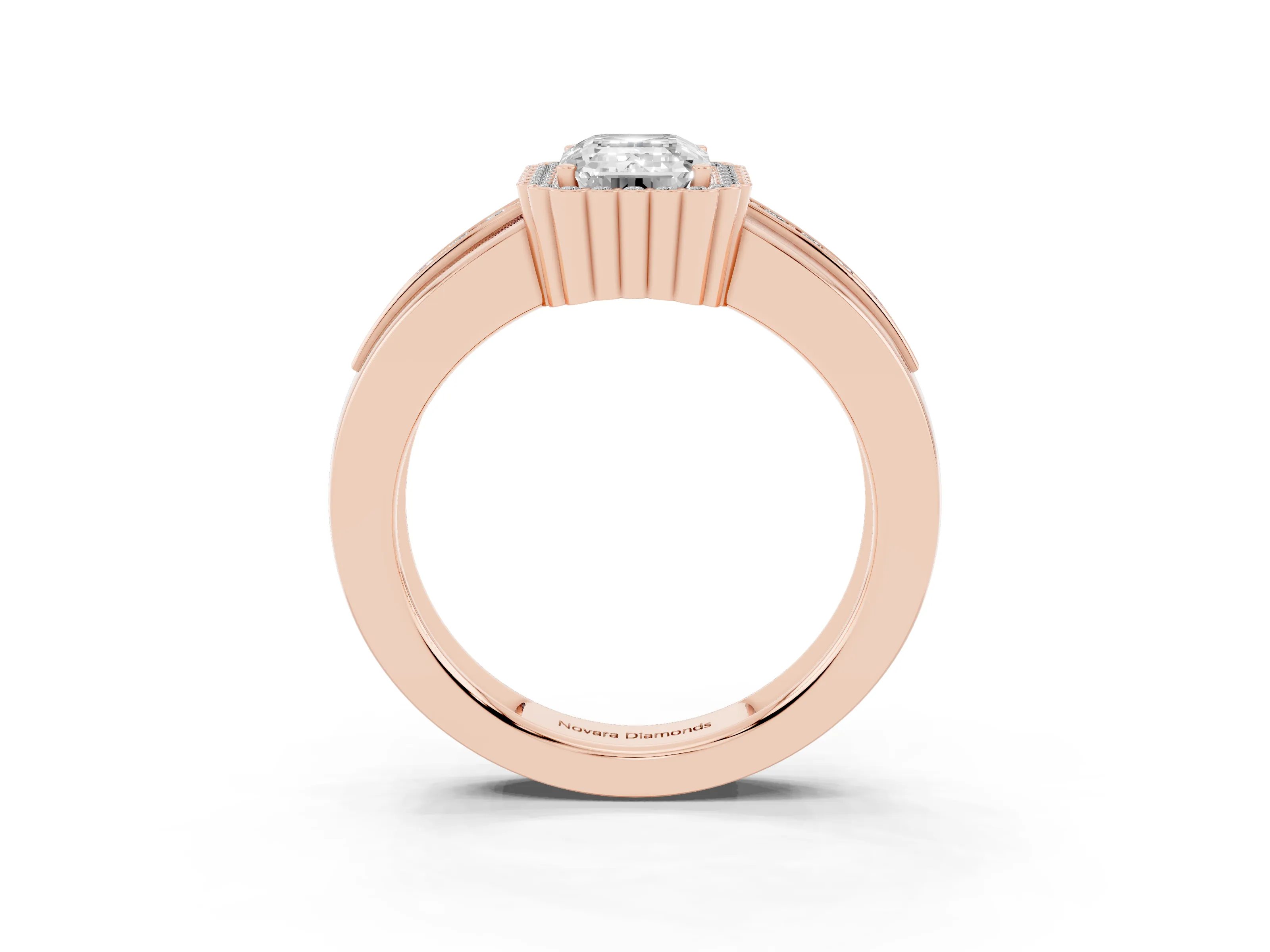 Emerald Cut Diamond Halo Prong Ring Set in Rose gold with Pavé Band