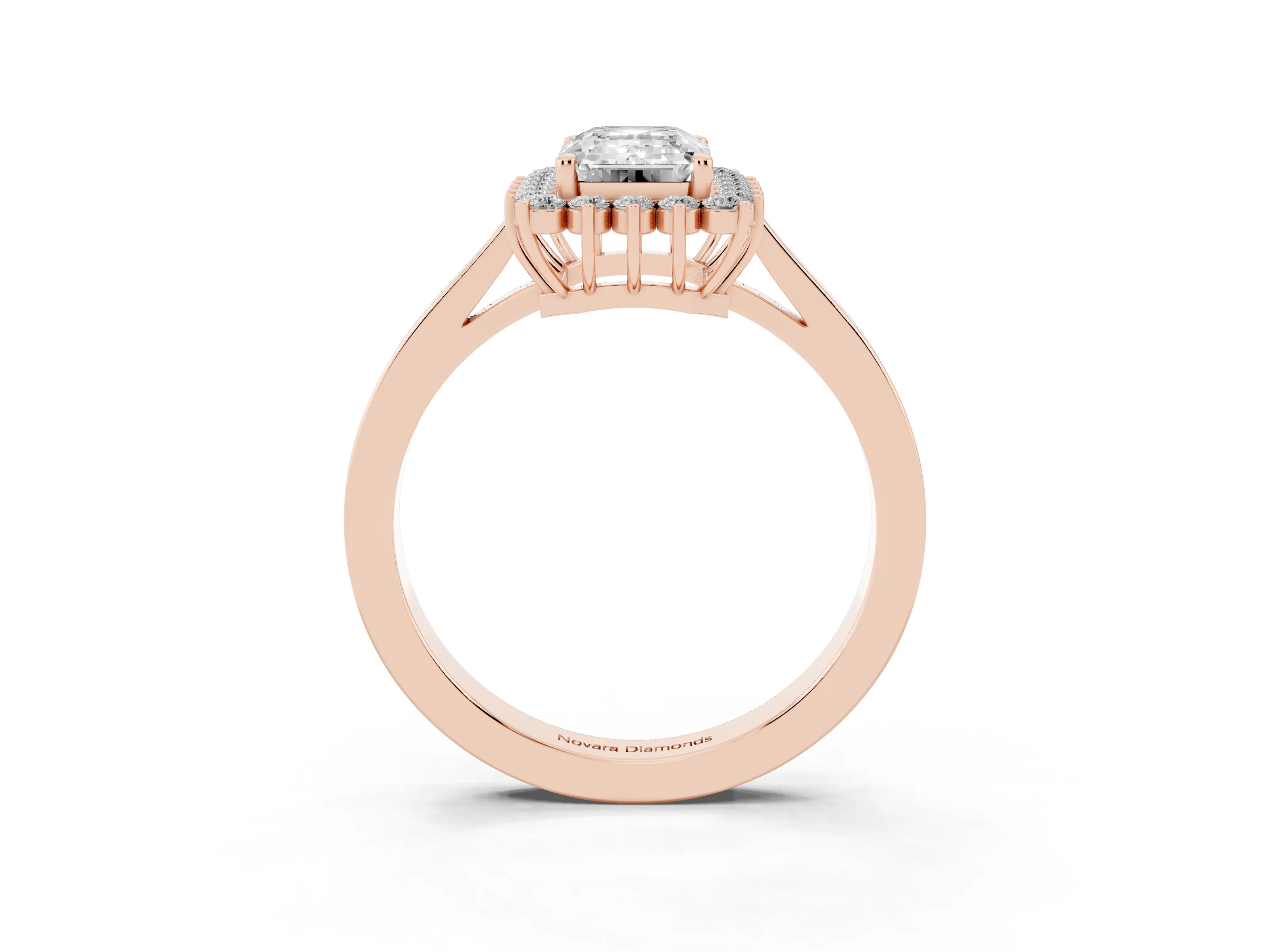 Emerald Cut Diamond Halo Ring Set in Rose gold with Round Halo and Smooth Solitaire Band