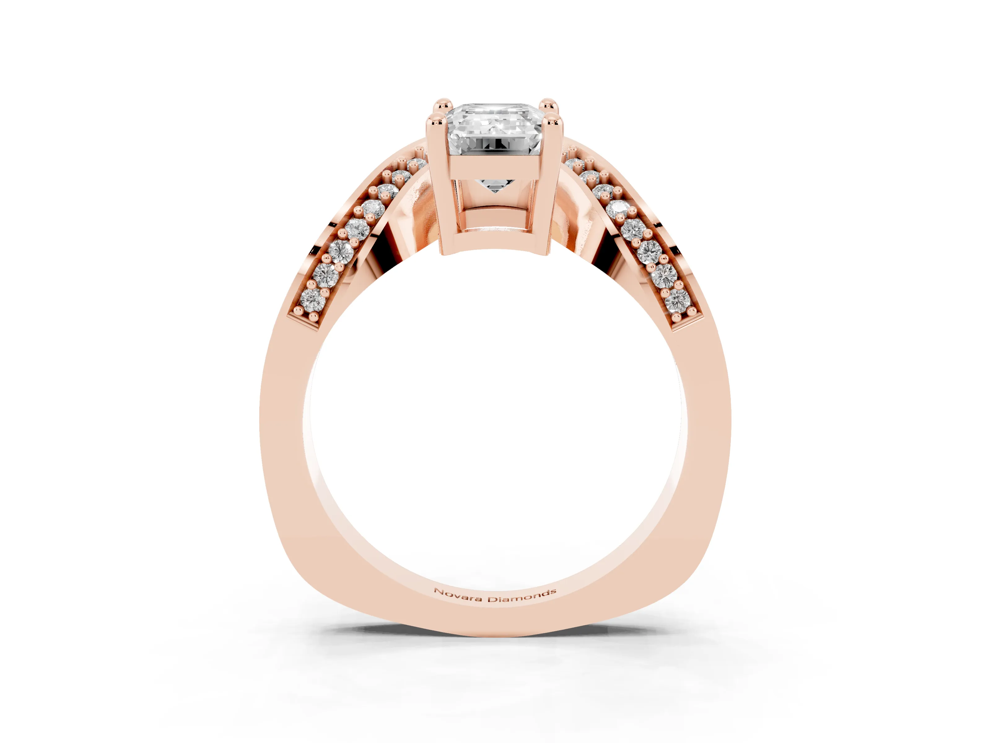 Emerald Cut Diamond Solitaire Engagement Ring Set in Rose gold with Pavé Shoulders
