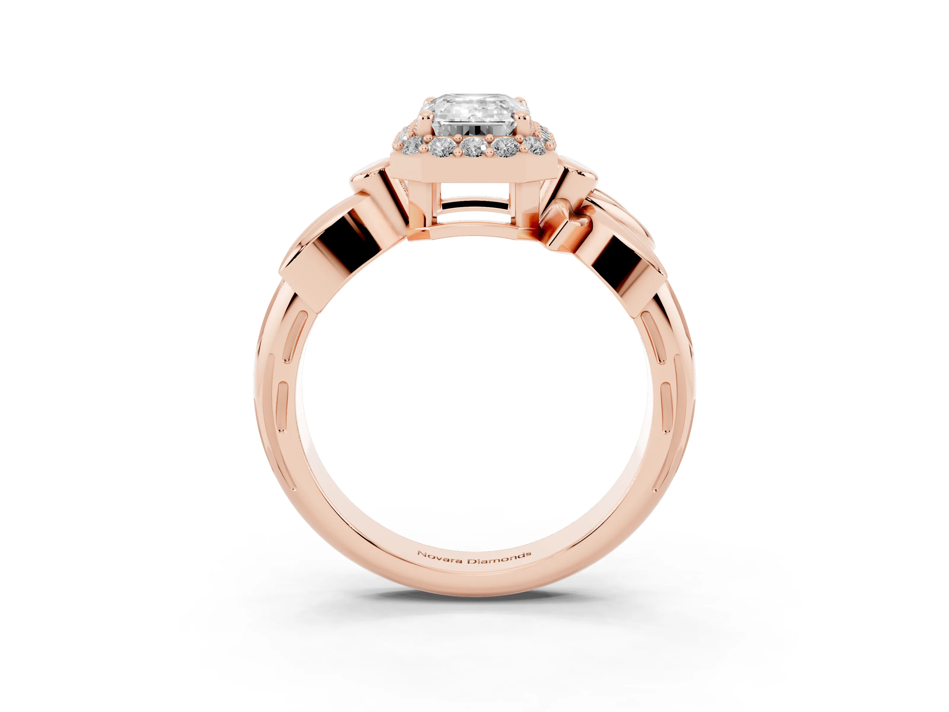 Emerald Cut Diamond Halo Floral Band Ring Set in Rose gold with Prong Setting