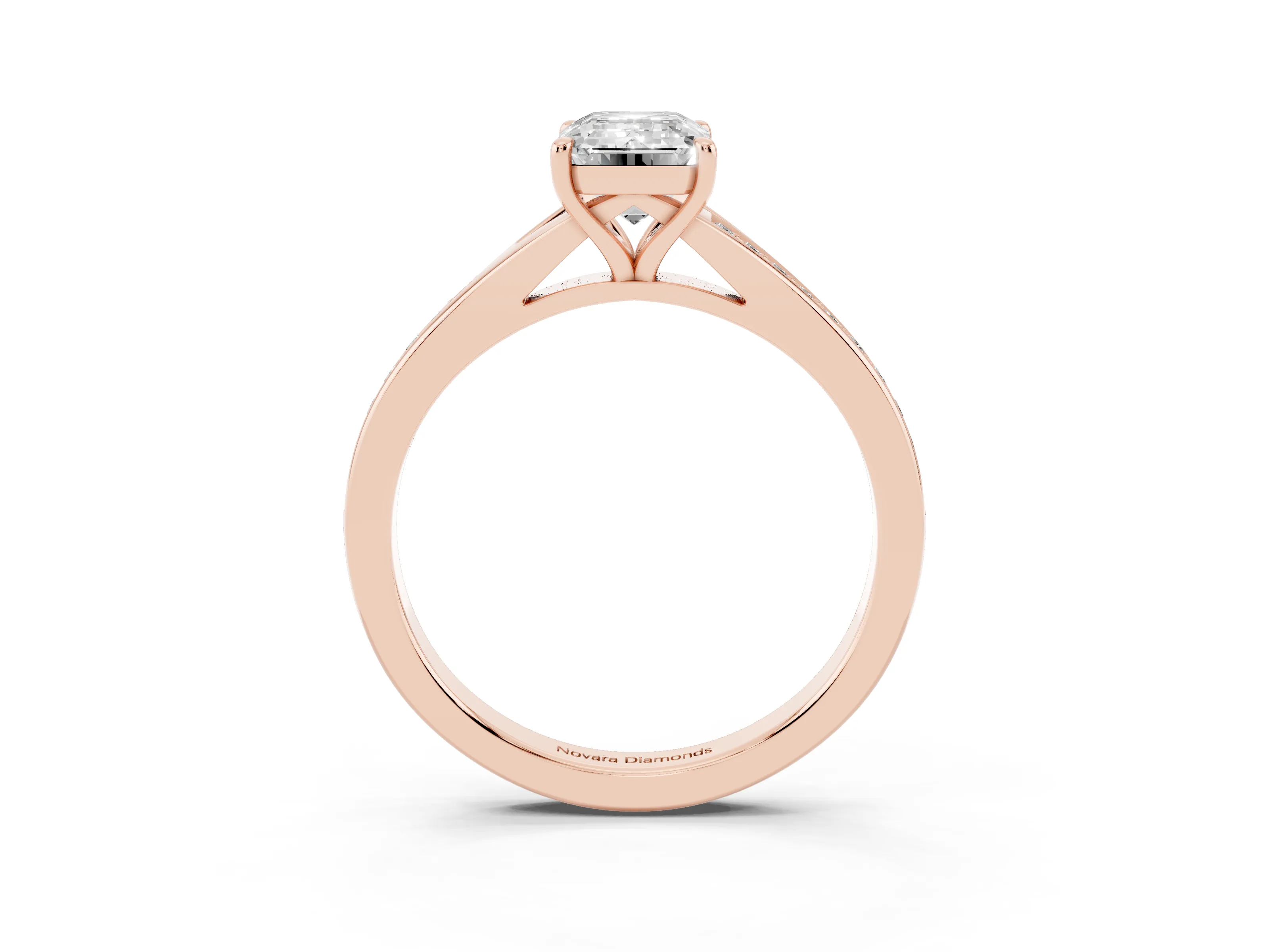 Emerald Cut Diamond Solitaire Ring Set in Rose gold with Pavé Accent Band and Classic Prong Setting