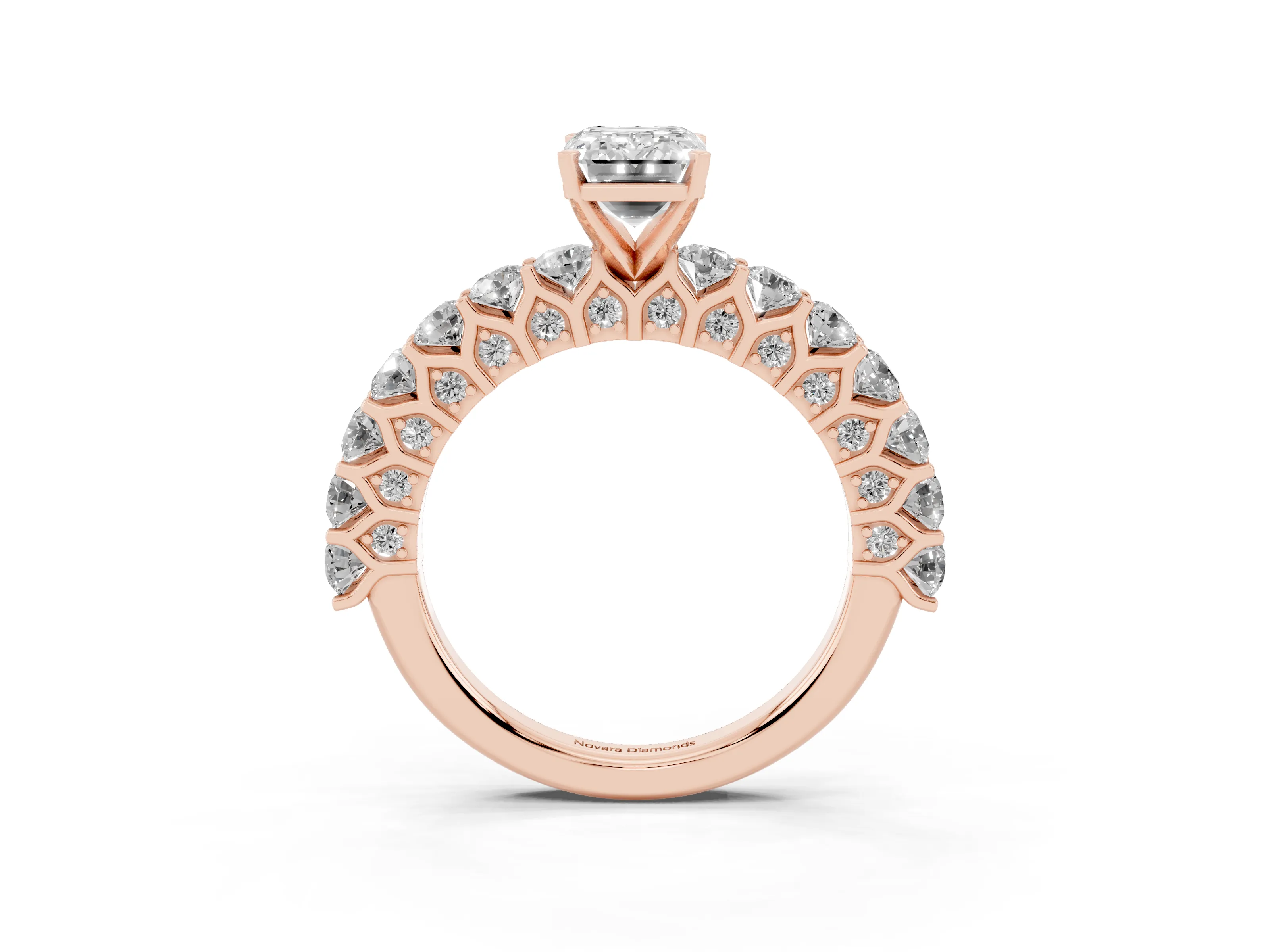 Emerald Cut Diamond Solitaire Ring Set in Rose gold with Shared Prong Pavé Band