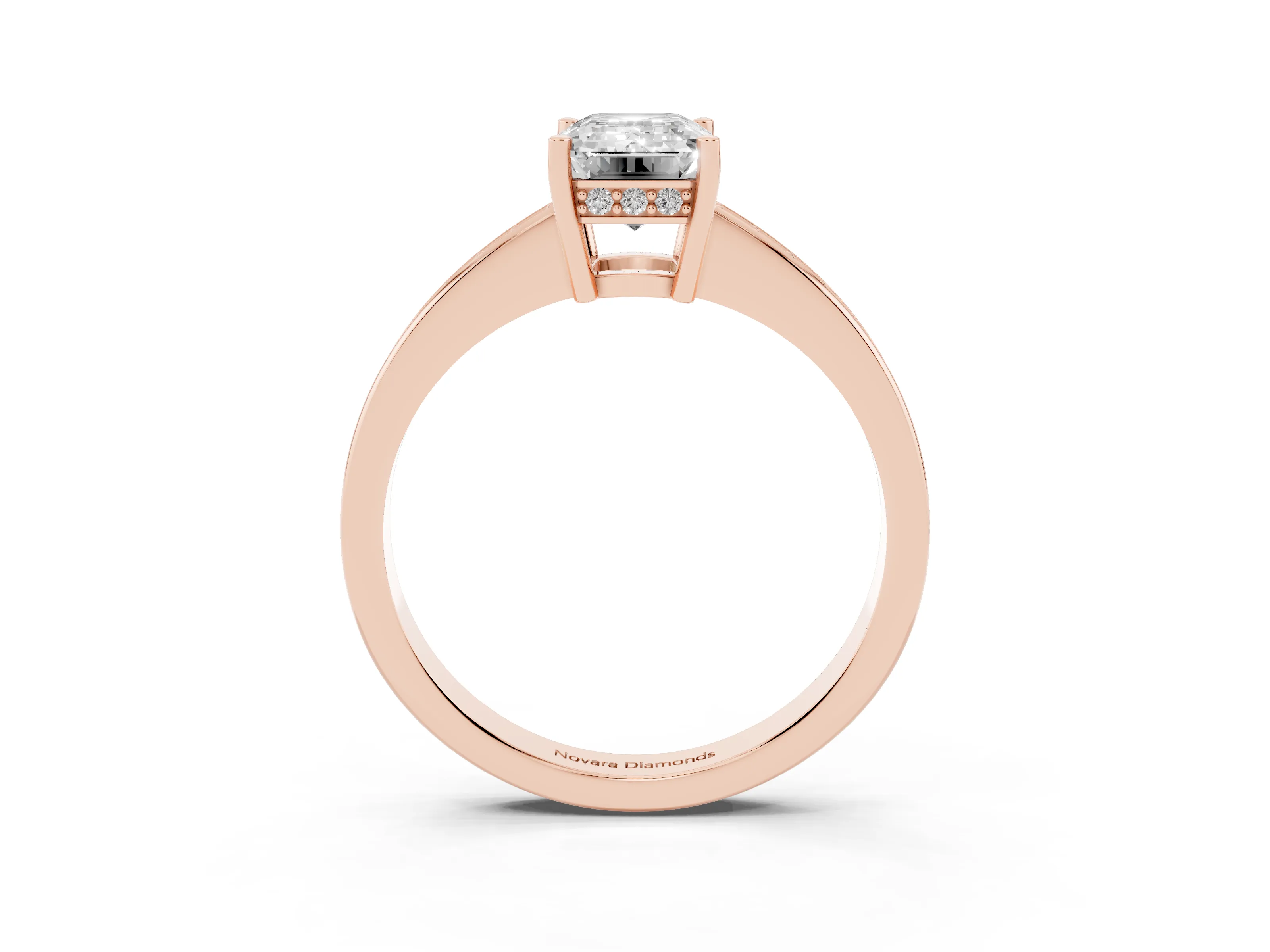 Emerald Cut Diamond Pavé Band Prong Set Solitaire Ring Set in Rose gold
