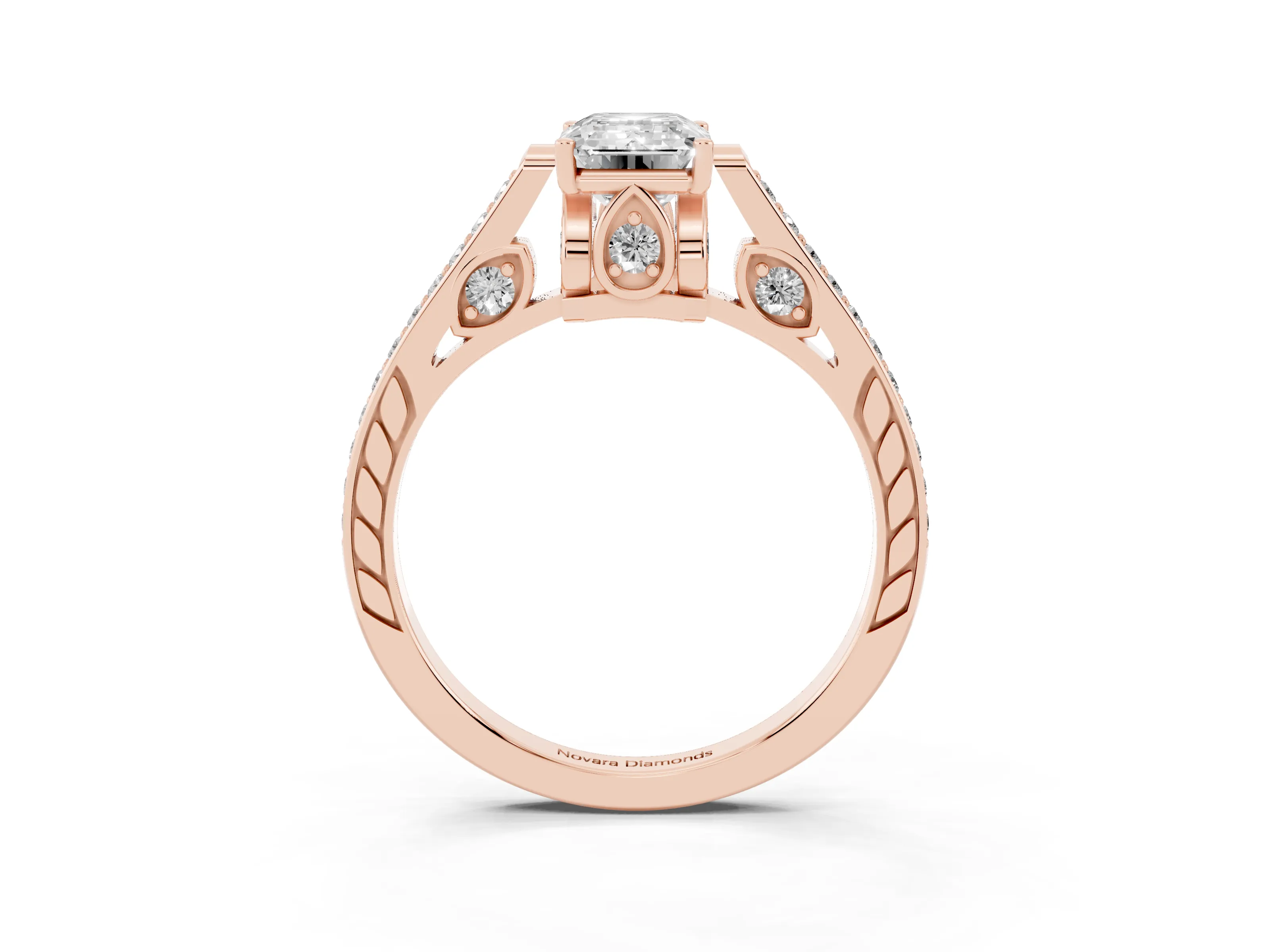 Emerald Cut Diamond Cathedral Pavé Engagement Ring Set in Rose gold with Prong Setting