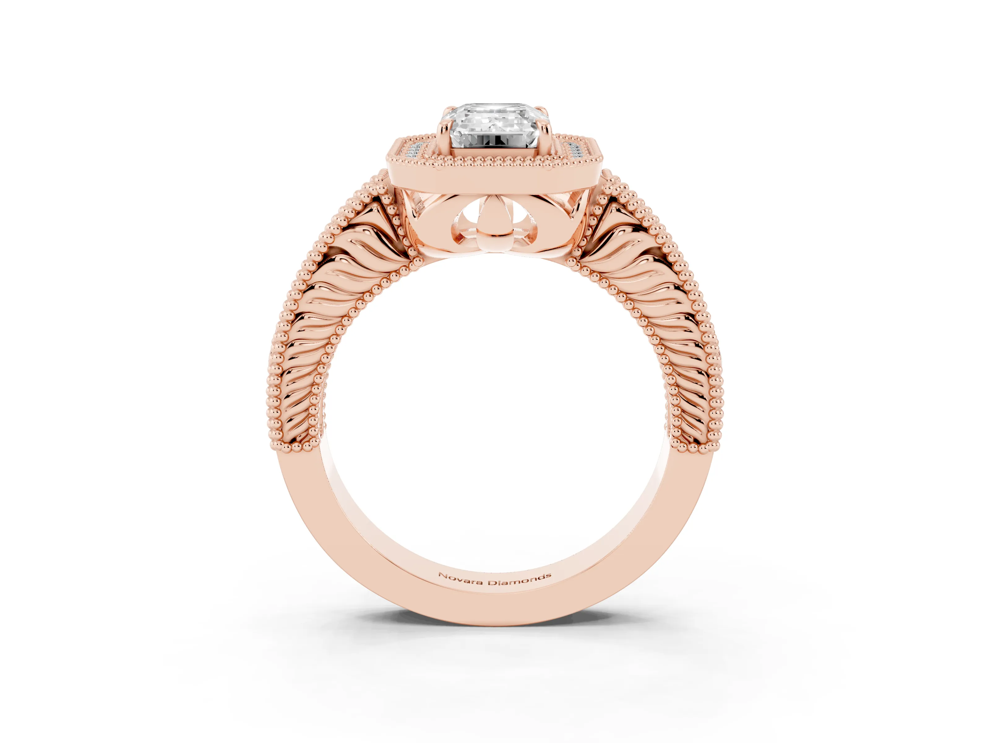 Emerald Cut Diamond Halo Ring Set in Rose gold with Round Accent Halo, Pavé Band and Prong Setting