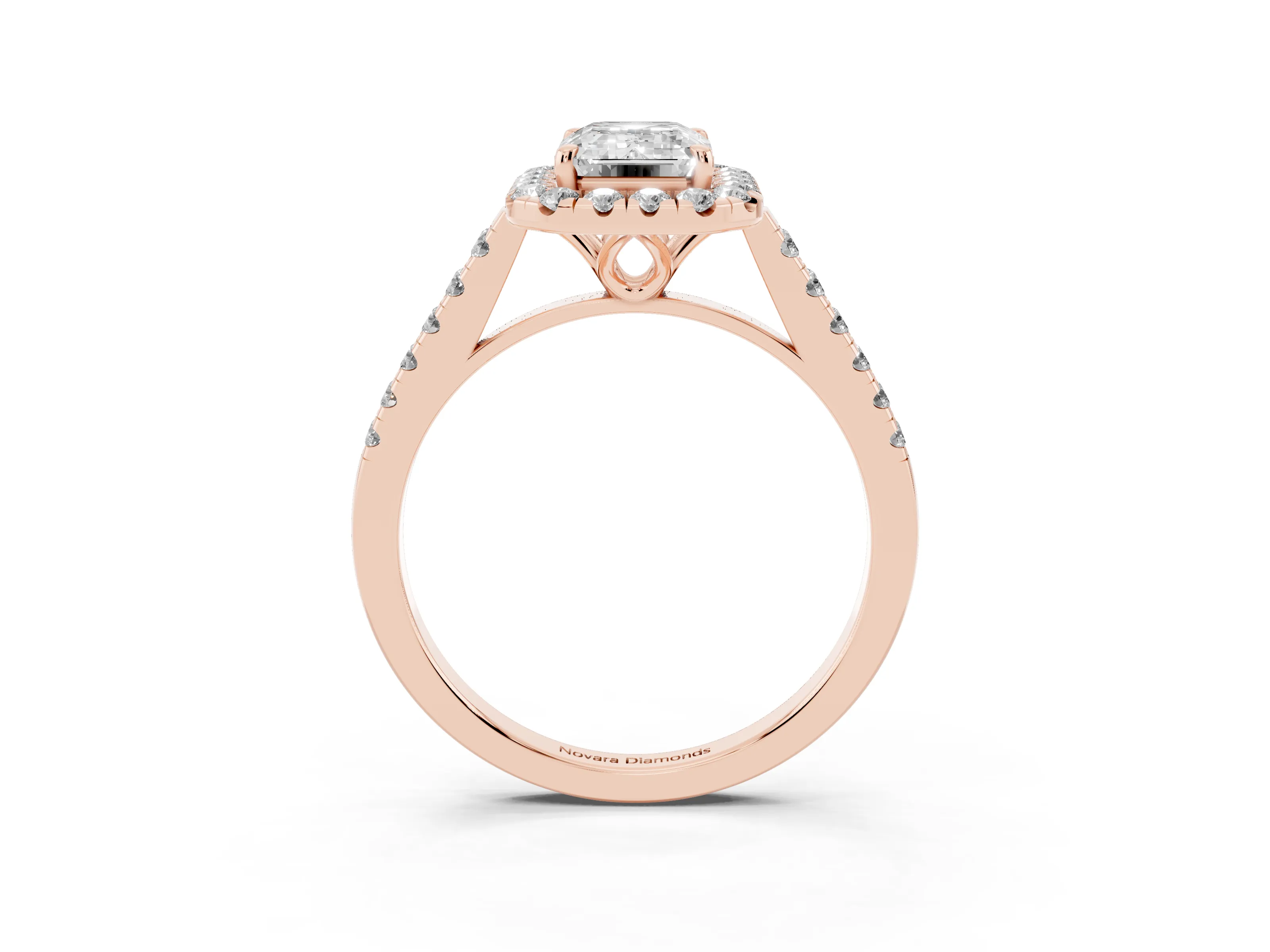 Emerald Cut Diamond Pavé Halo Engagement Ring Set in Rose gold with Pavé Band and Prong Setting