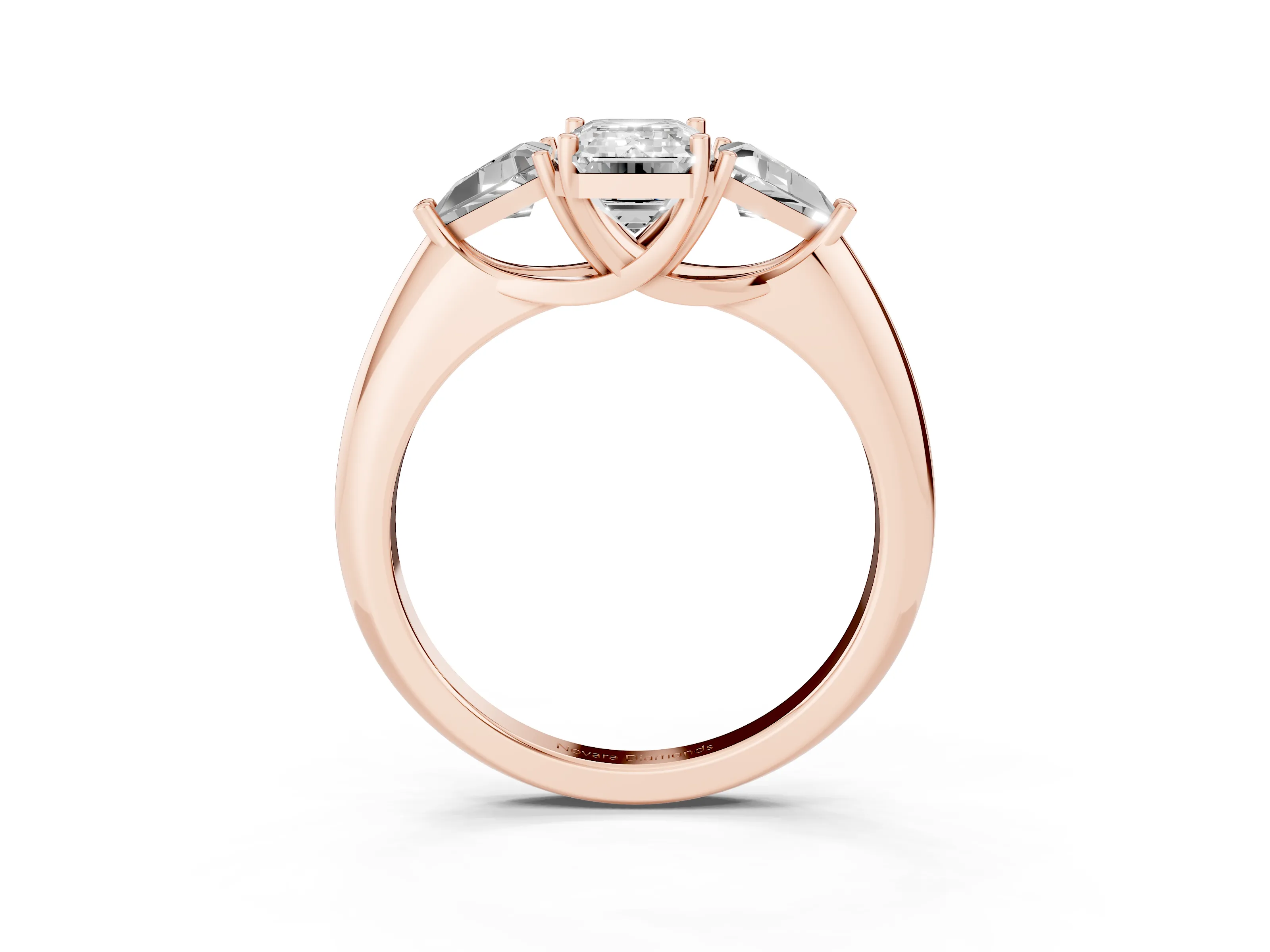 Emerald Cut Diamond Three-Stone Engagement Ring Set in Rose gold with Trillion Side Stones