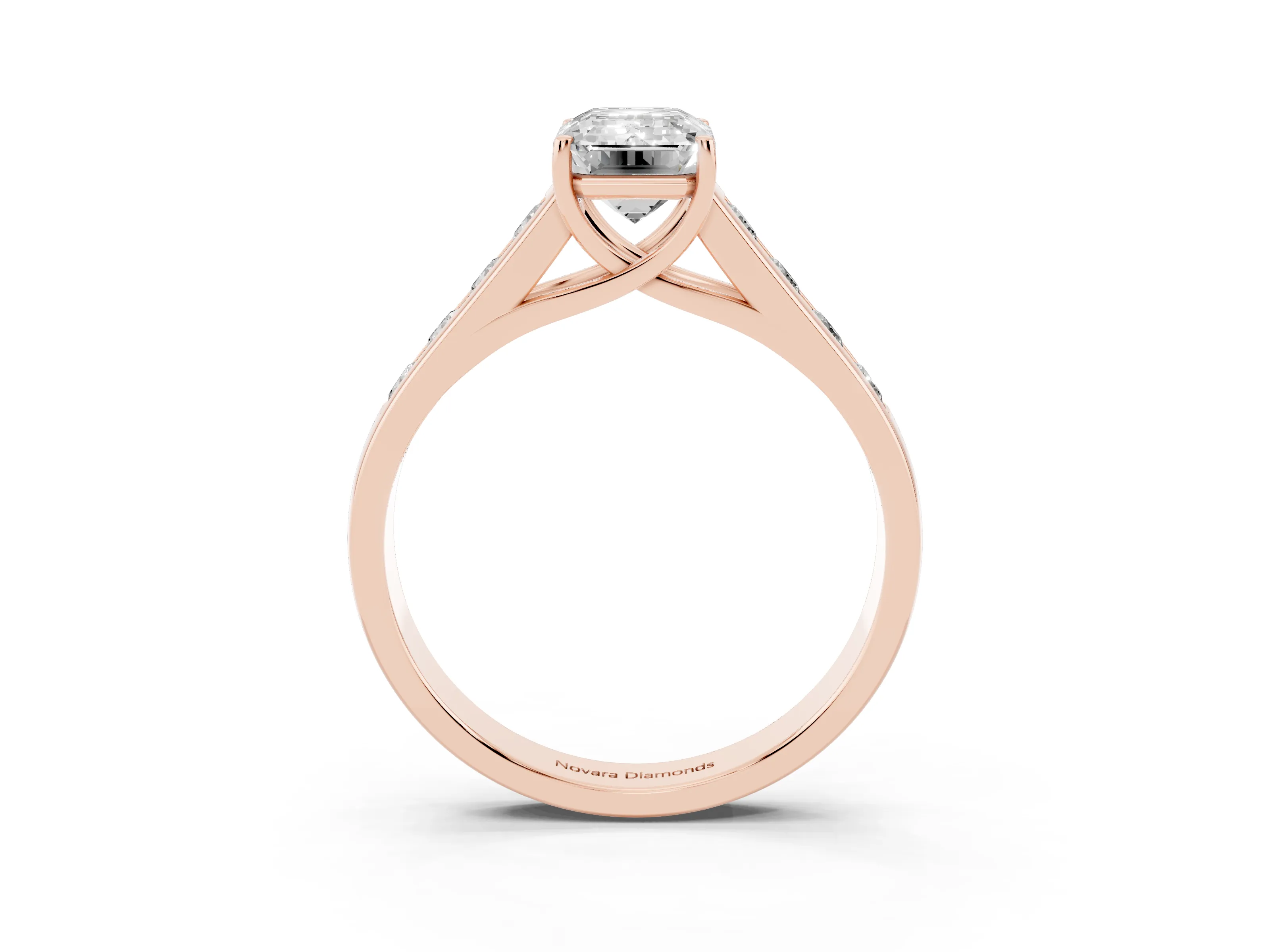 Emerald Cut Diamond Solitaire Channel-Set Engagement Ring Set in Rose gold with Prong Setting