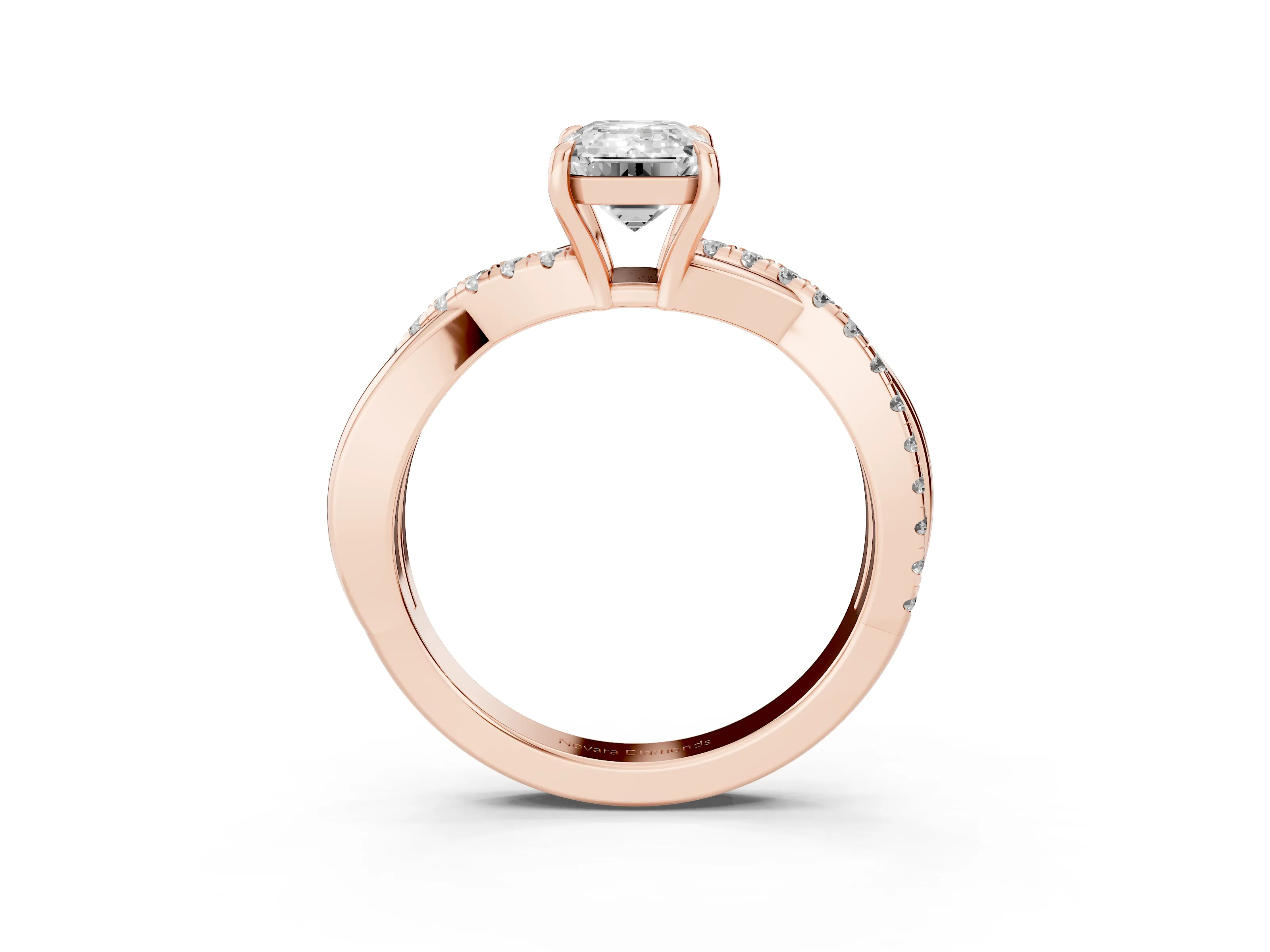 Emerald Cut Diamond Twisted Pavé Band Ring Set in Rose gold with Prong Setting