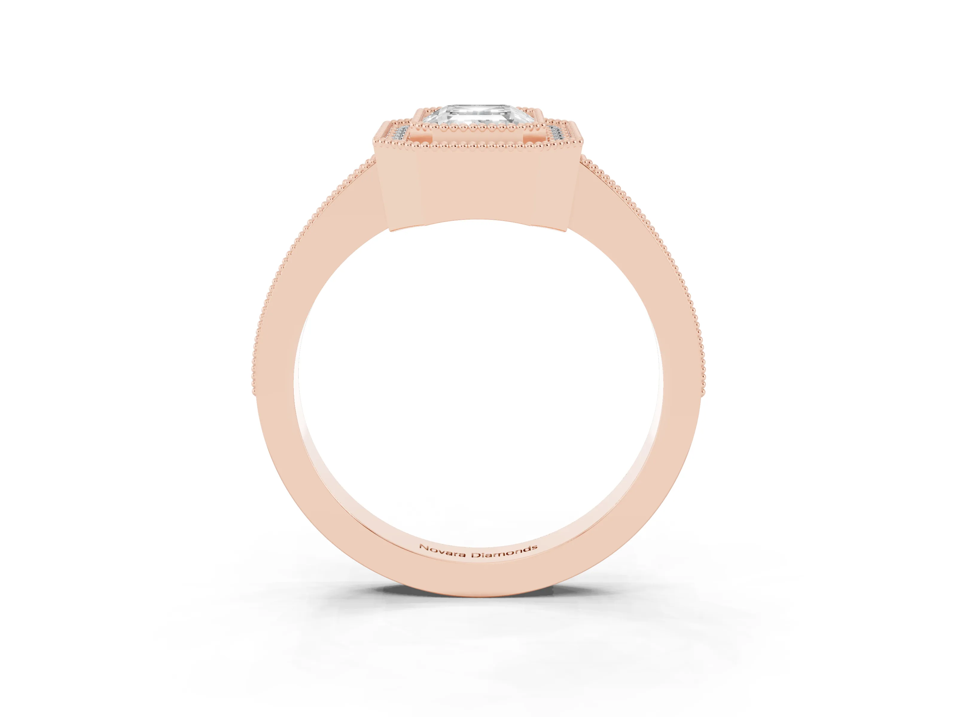 Emerald Cut Diamond Halo Engagement Ring Set in Rose gold with Pavé Band and Round Halo Stones