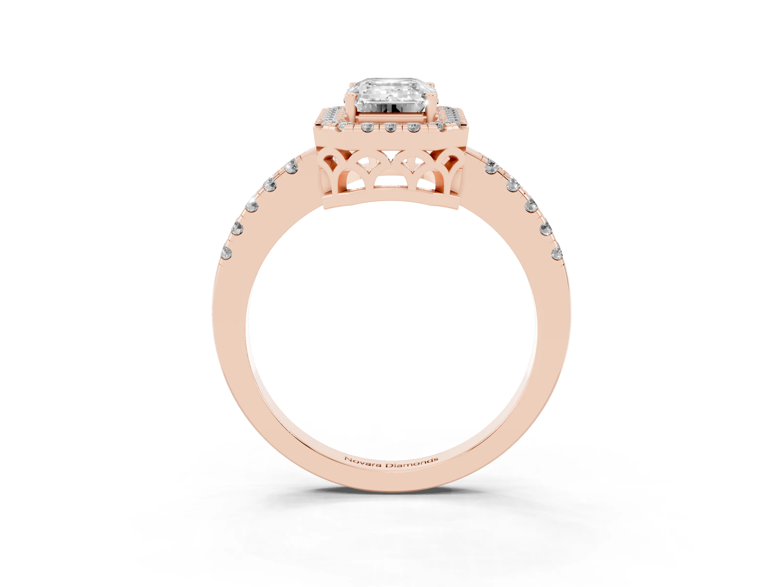 Emerald Cut Diamond Pavé Band Halo Engagement Ring Set in Rose gold with Prong Setting