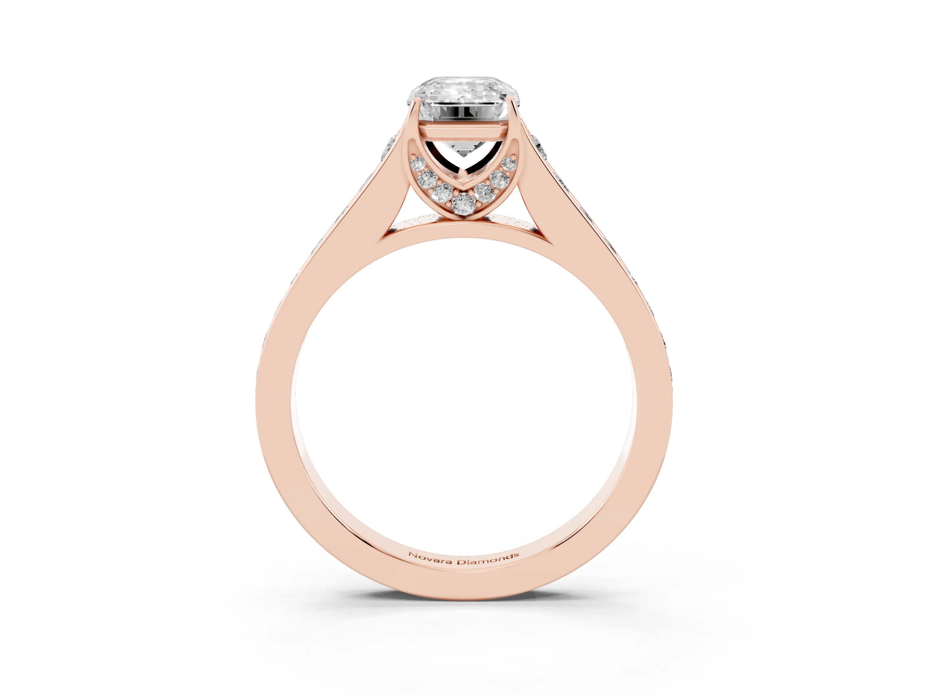 Emerald Cut Diamond Solitaire Pavé Engagement Ring Set in Rose gold with Prong Setting